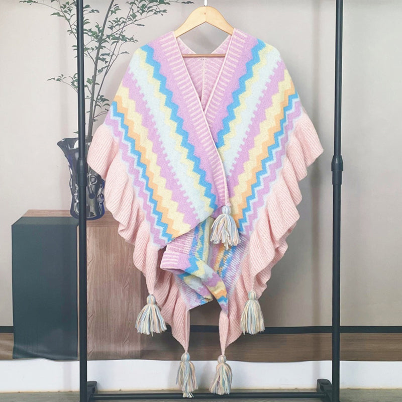 Stylish Long Wool Knitted Cape - Ethnic Inspired Winter Shawl Wrap for Women | Perfect for Outdoor Events, Parties & Cold Weather Fashion