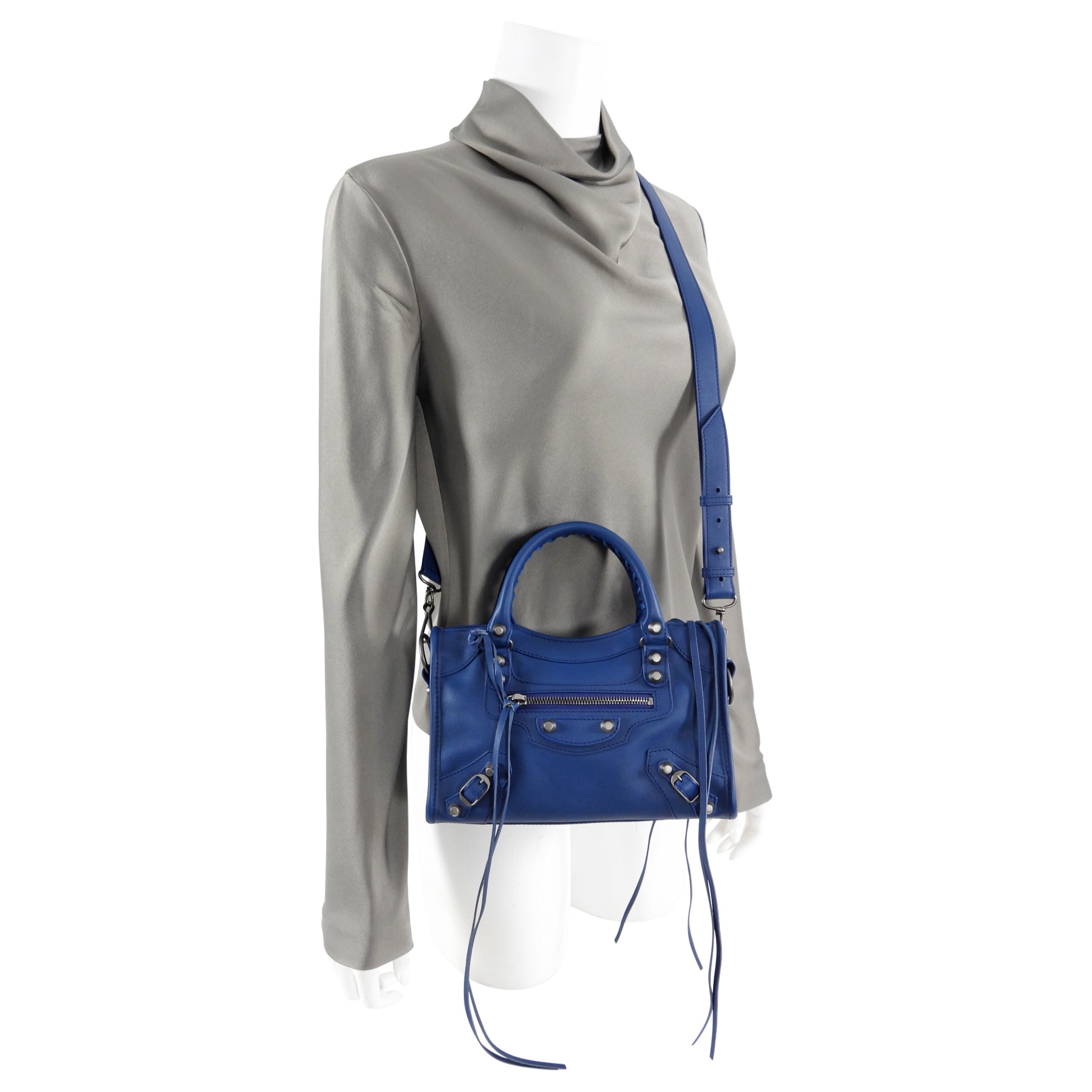 Balenciaga Mini City Bag in Dark Blue with Silver Hardware - Stylish Crossbody Purse for Women, Perfect for Everyday Use and Travel