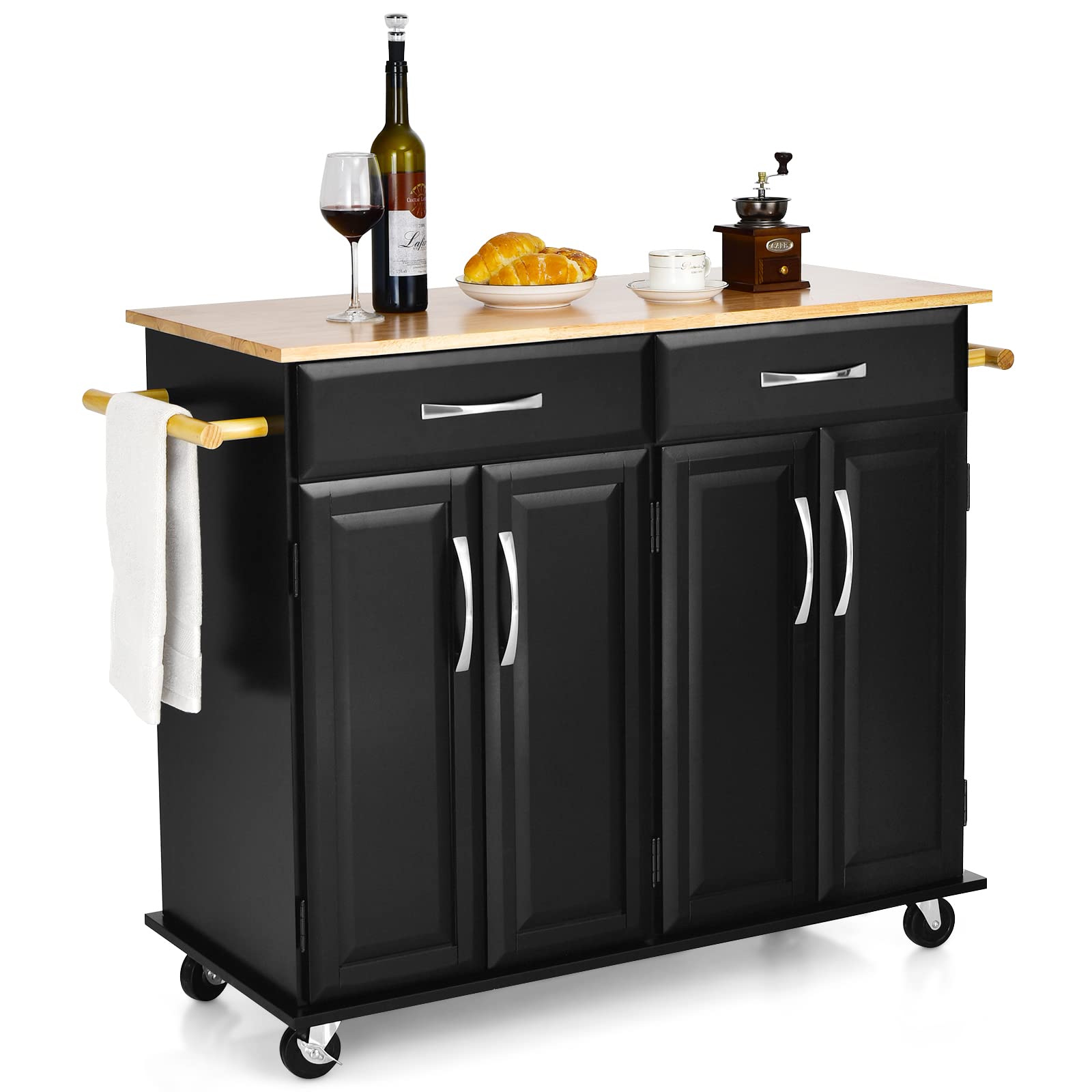 Giantex Large Kitchen Cart with 2 Drawers & Storage Cabinets - Adjustable Shelves, Lockable Casters, Rubber Wood Countertop & Towel Rack - Mobile Kitchen Island for Small Spaces - Perfect for Apartments, Dorms & Home Cooking - Easy Assembly (Black)