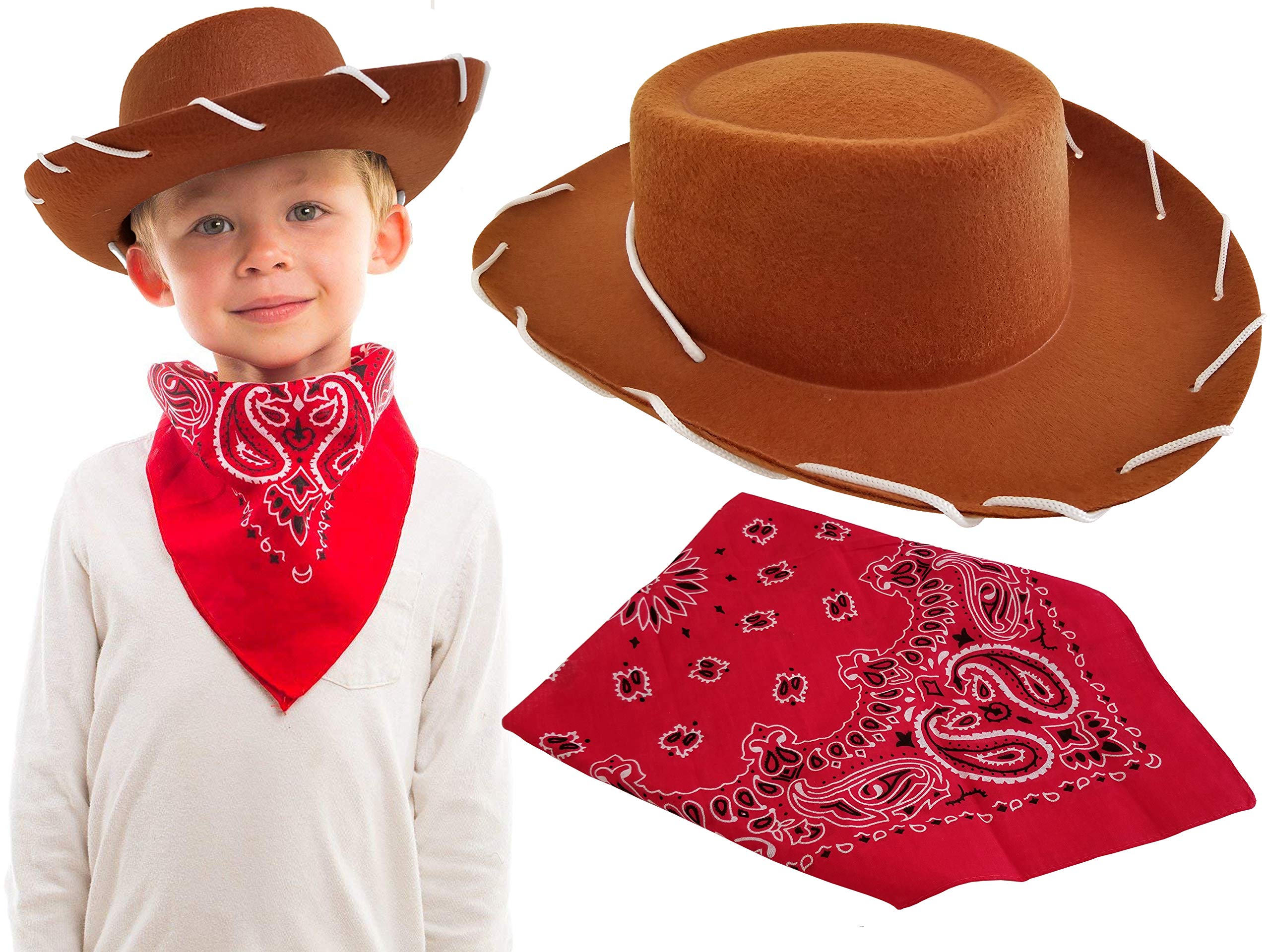 Authentic Cowboy Hat with Western Bandana - Woody Costume Dress Up for Kids, Boys & Girls - Perfect for Toy Story Themed Parties & Halloween