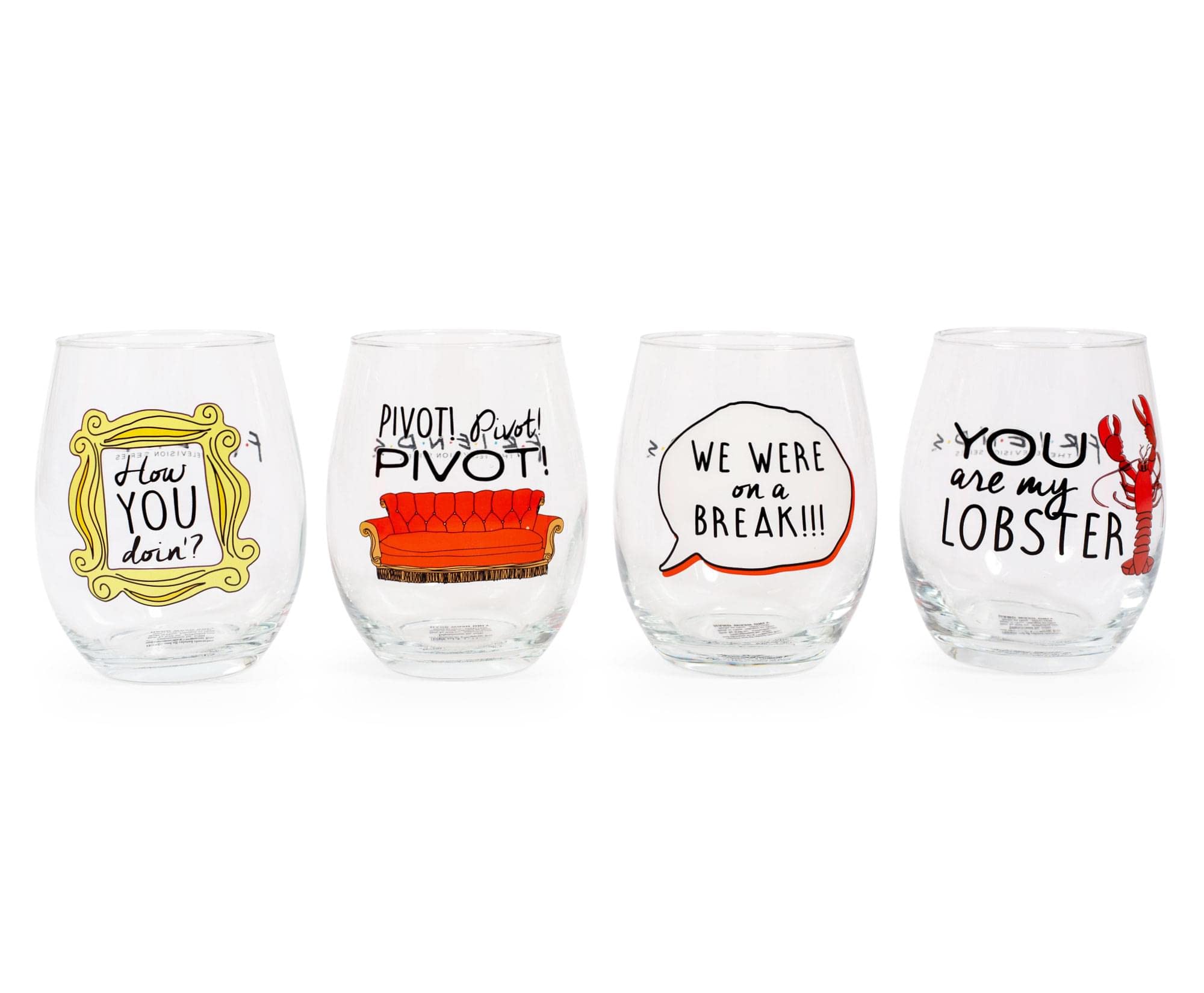 Friends TV Show Iconic Quotes Stemless Wine Glasses Set of 4 - Perfect for Parties, Gifts & Home Decor