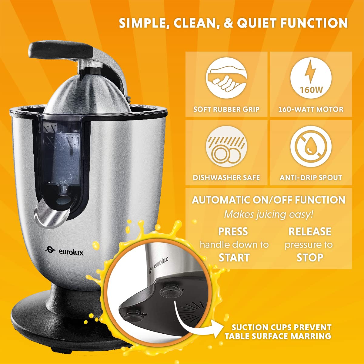 Eurolux Electric Orange Juicer Squeezer - High Efficiency Citrus Press for Fresh Juice (Renewed) - Perfect for Breakfast, Brunch & Healthy Home Juicing