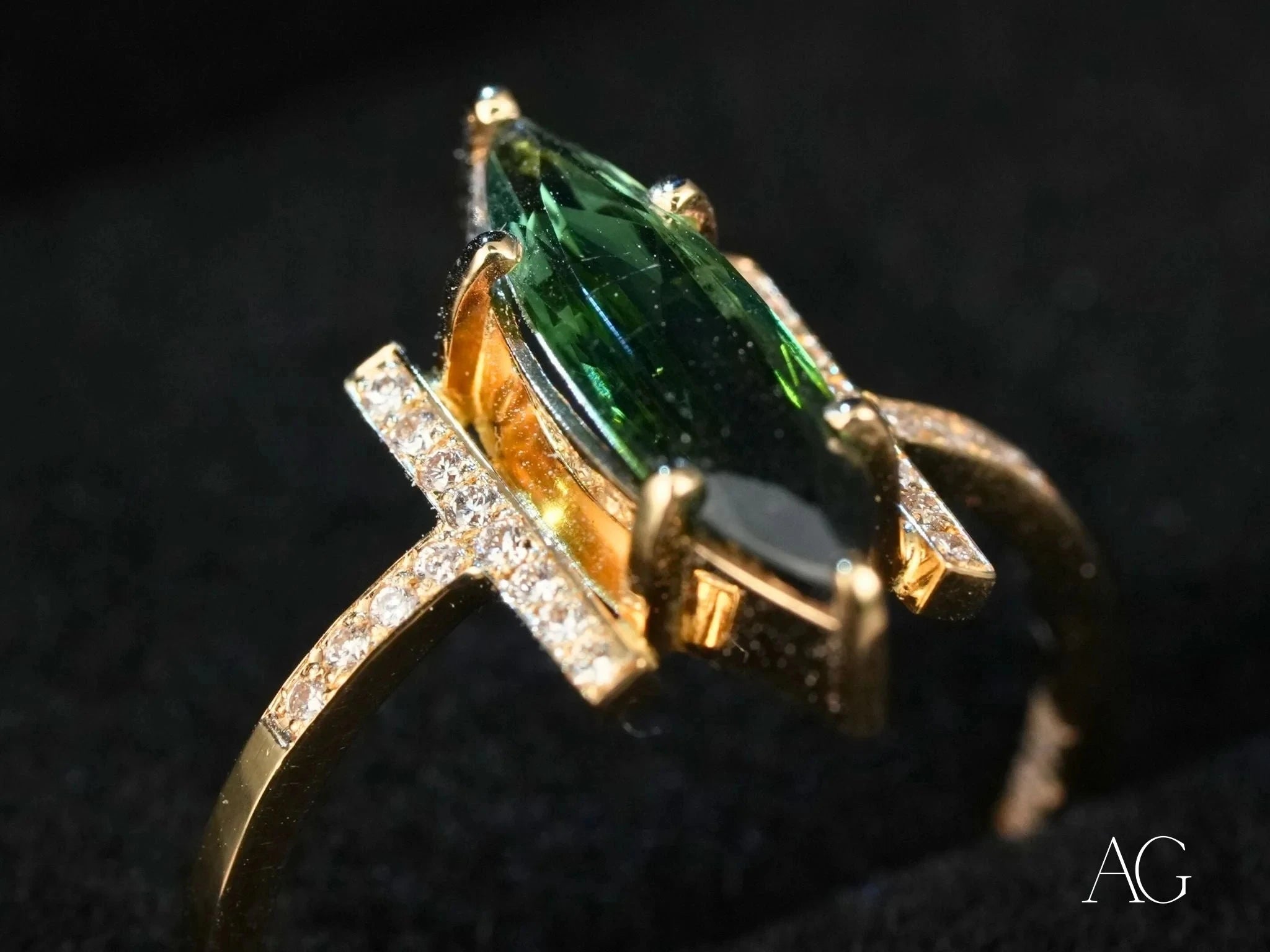 Emerald Whisper – 18K Gold Green Tourmaline & Diamond Ring for Women | Luxury Engagement, Wedding, Anniversary Jewelry Gift | Elegant Statement Piece for Special Occasions