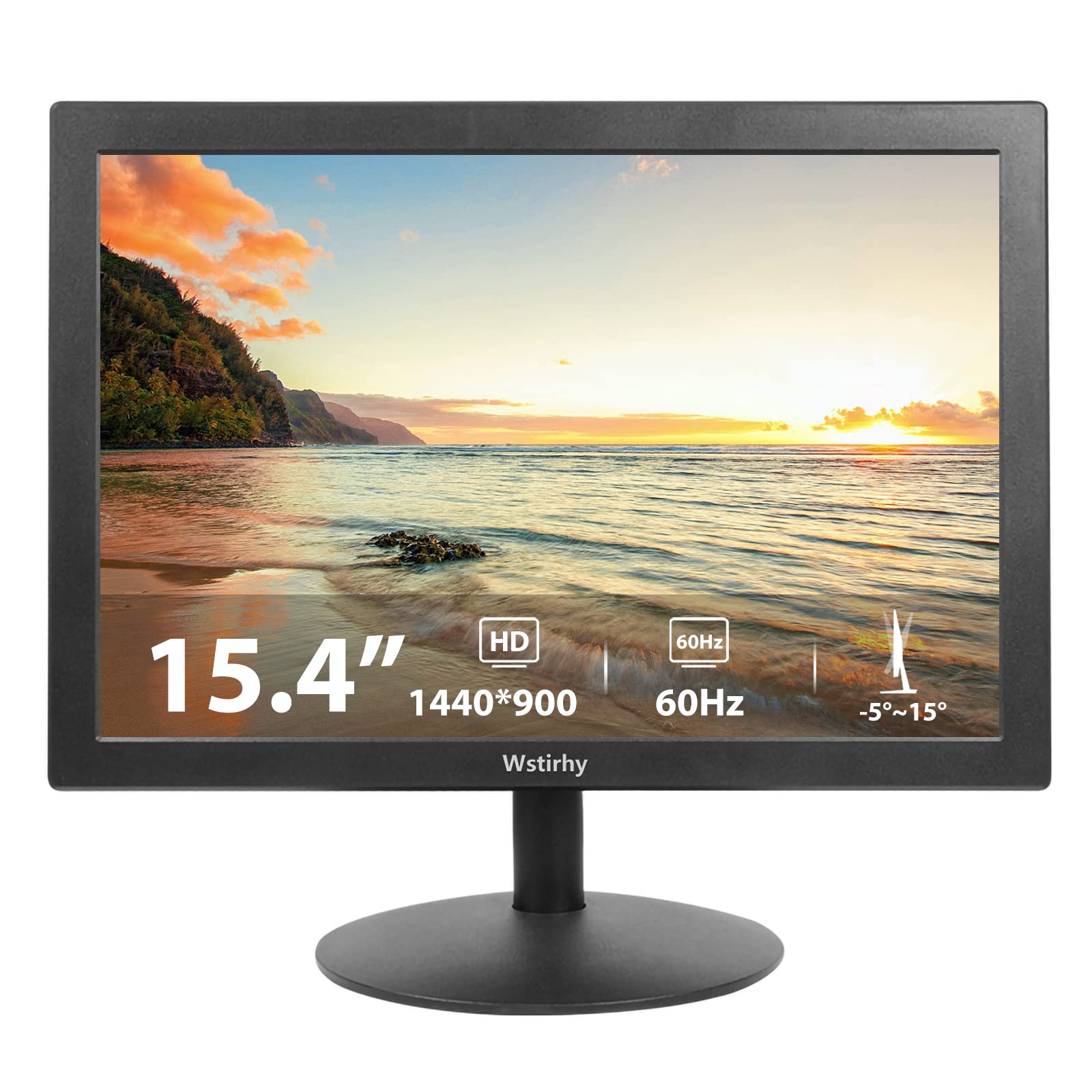 15.4 Inch Small Computer Monitor with 1600x900 Resolution - HDMI & VGA Ports, Built-in Speakers - Mini Display for Fire Stick, Laptop, PC, Kitchen TV - Perfect for Home Office, Gaming & Cooking Entertainment