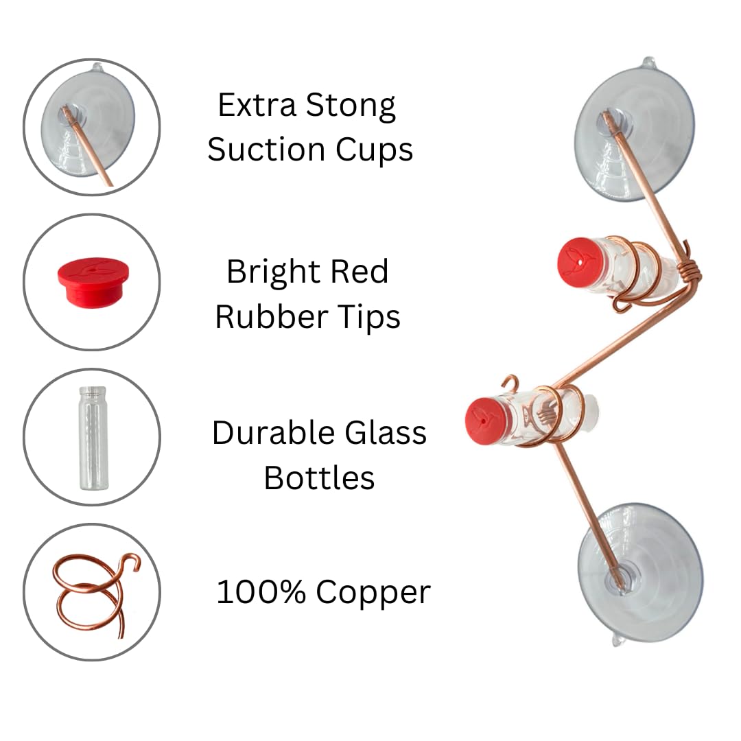 Modern Geometric Window Hummingbird Feeder - Handcrafted Copper & Aluminum Design with Multiple Feeding Stations | Elegant Glass Bottles & Strong Suction Cups | Perfect for Home Décor, Bird Watching & Outdoor Relaxation | Attract Hummingbirds to Your Garden or Balcony