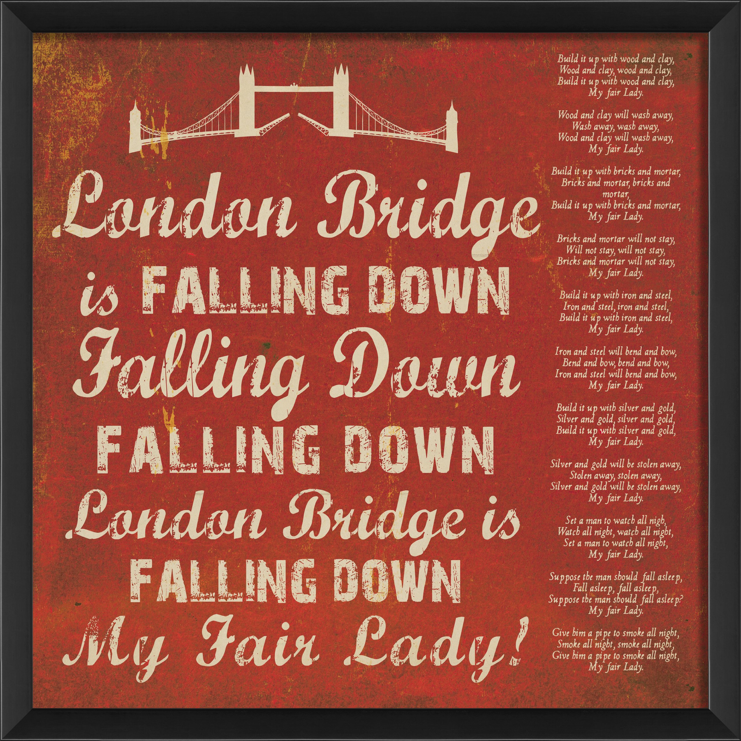 London Bridge Red Framed Wall Art Print - Vintage Style Home Decor for Living Room, Bedroom & Office