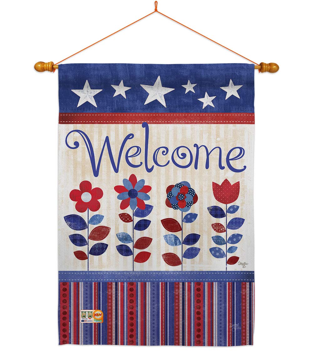Patriotic Welcome House Flag Set 28x40in w/Flagpole for Outdoor Decor