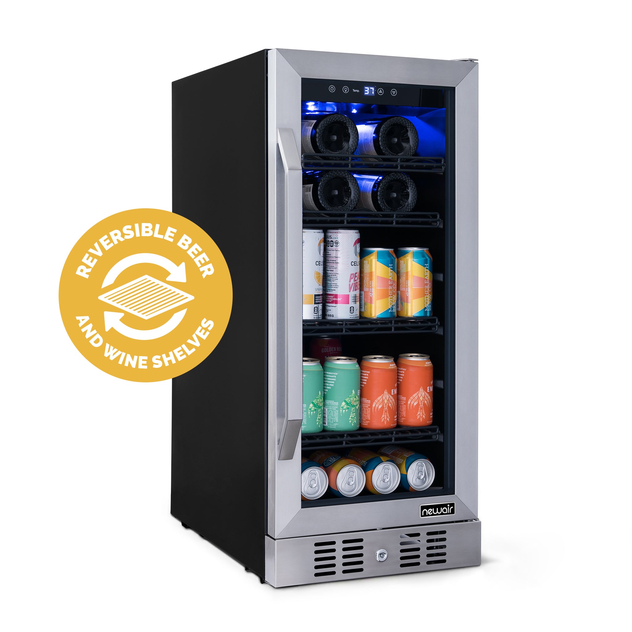 Newair® 80 Can 33 Bottle Stainless Steel Beverage Refrigerator - Built-In Cooler for Beer, Wine & Soda - Perfect for Home Bar, Office & Man Cave