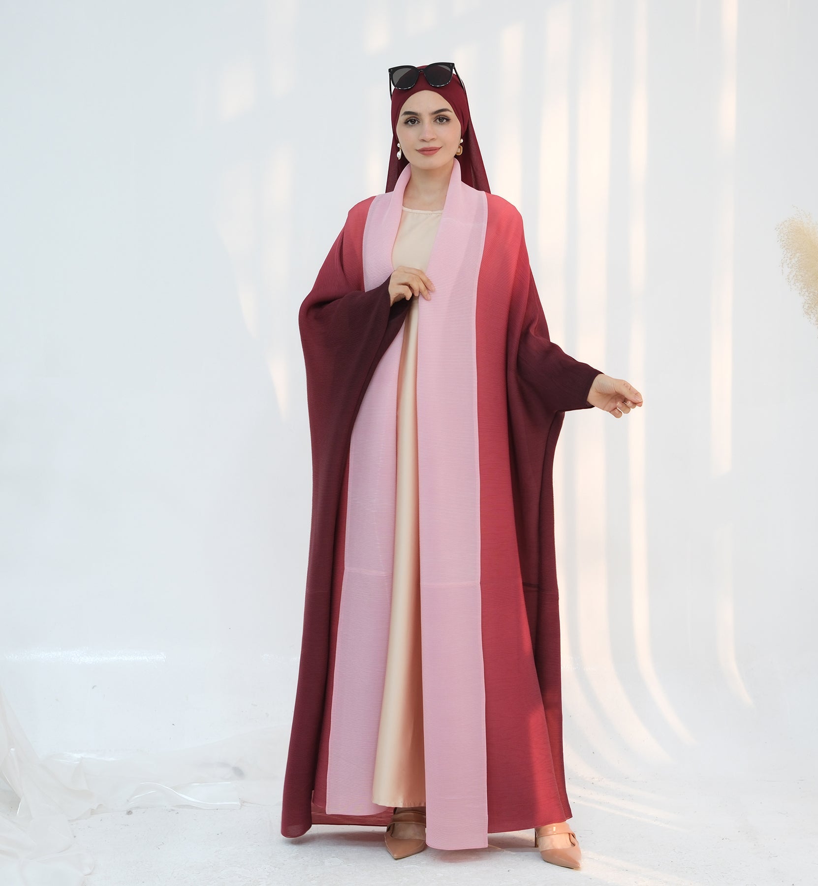 Elegant Kenyat Pleated Ombre Kimono Open Abaya - Pink Flowy Cover-Up for Women | Perfect for Beach, Boho Fashion & Special Occasions