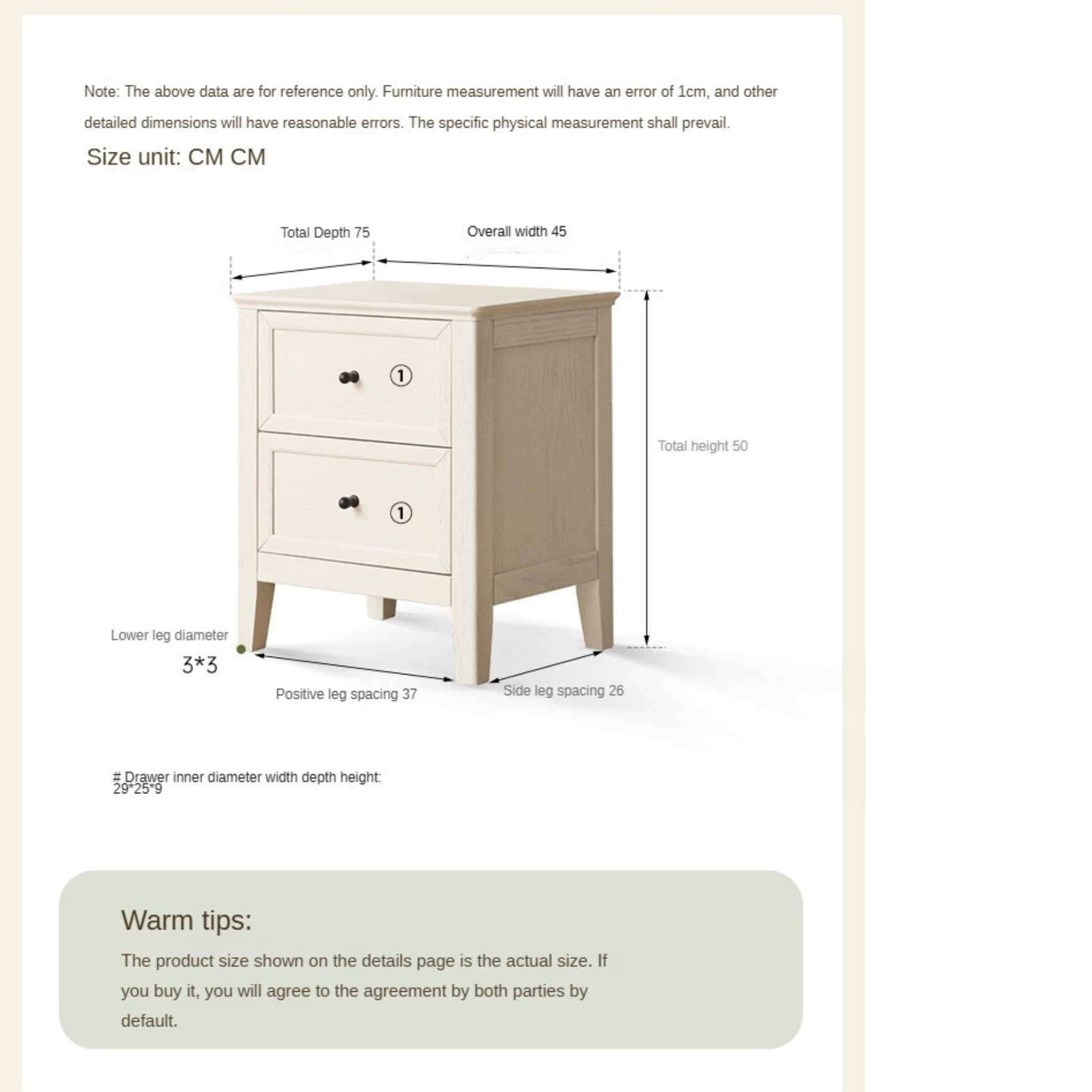 Solid Oak Wood Nightstand - Cream Finish, American Style Bedside Table for Bedroom Decor & Storage