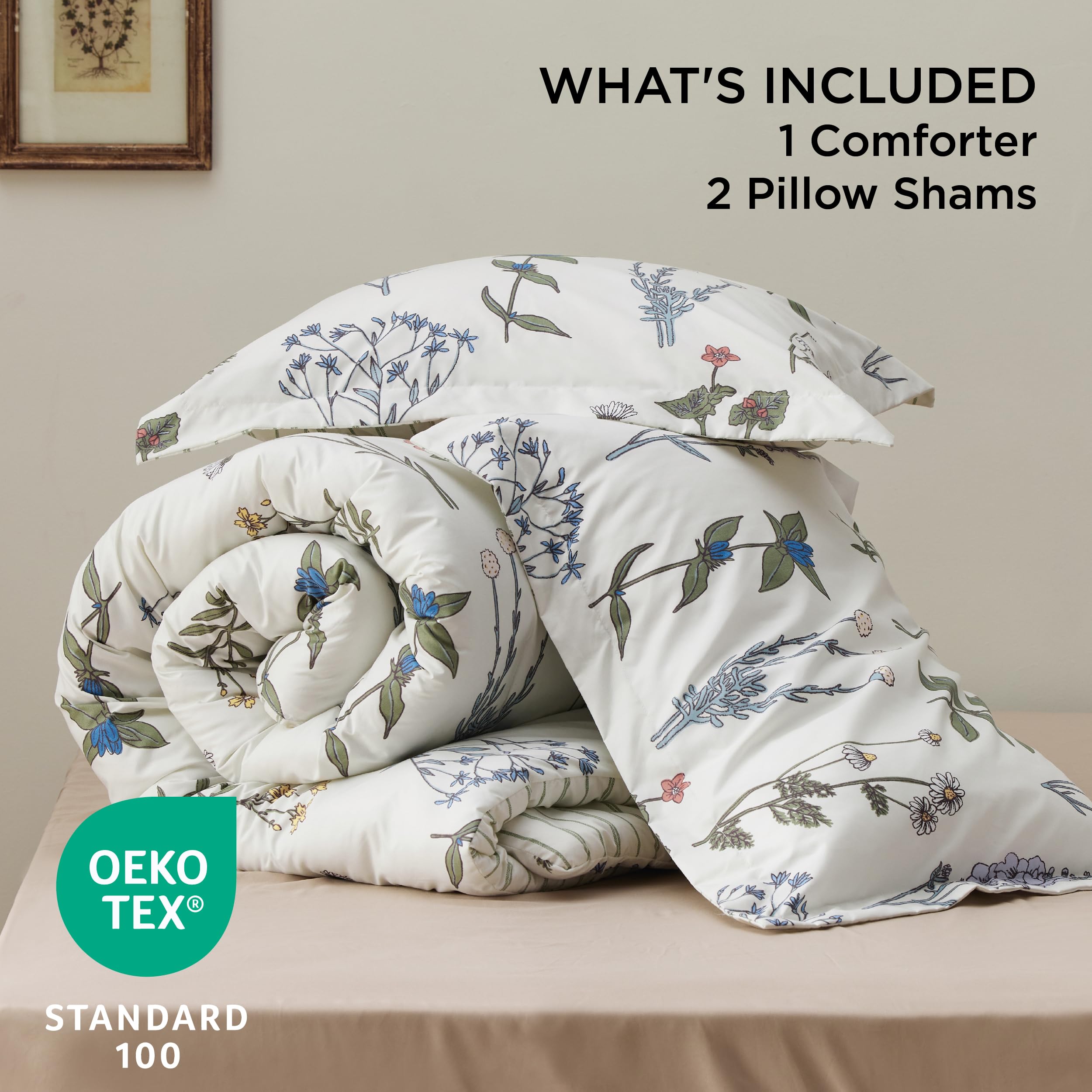 Bedsure Queen Size Comforter Set - 3 Piece Soft Reversible Floral Bedding with Coconut White Botanical Flowers Design & 2 Pillow Shams | Perfect for Master Bedroom, Guest Room & Cozy Home Decor