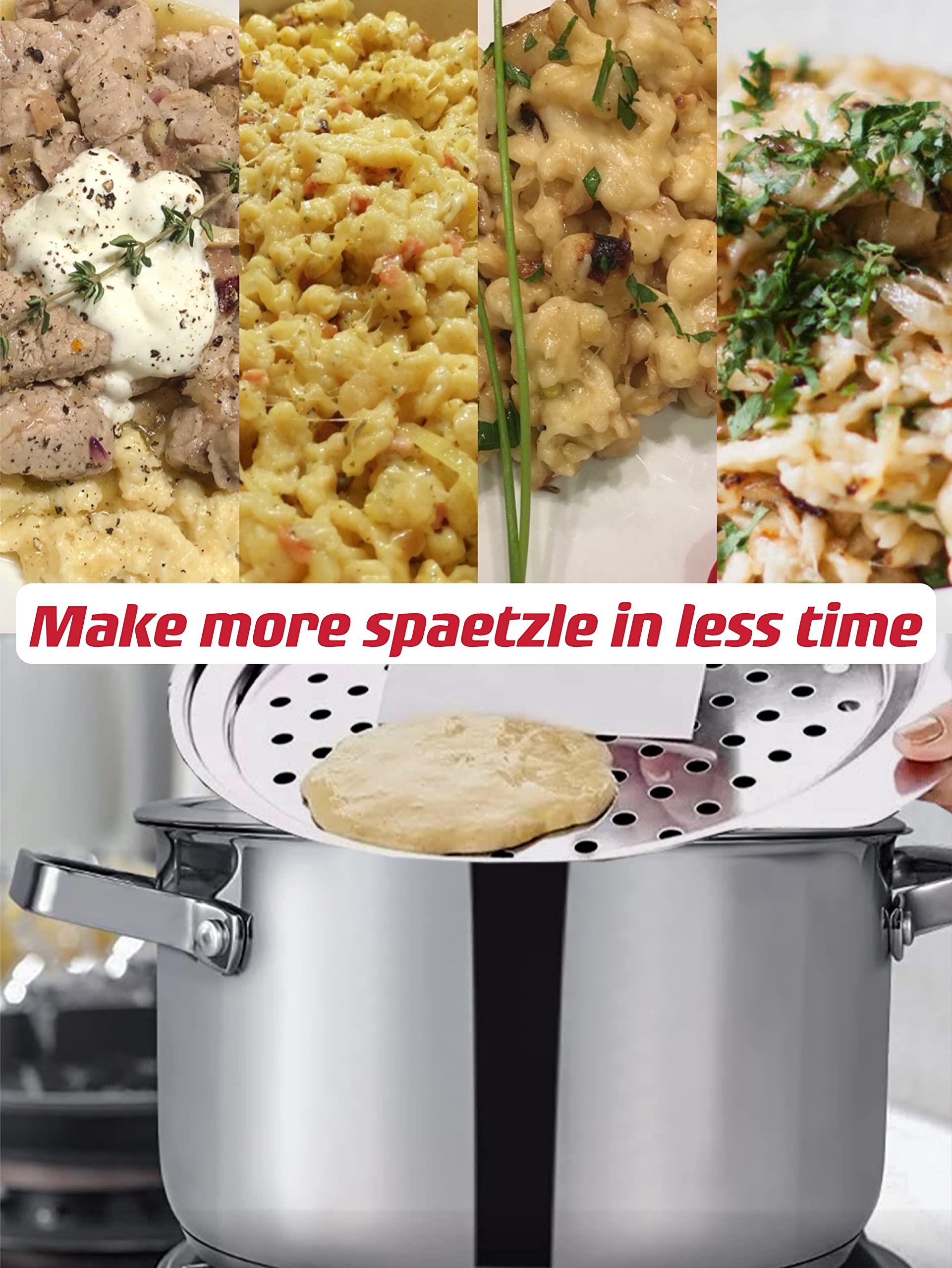 Premium Stainless Steel Spaetzle Maker with Lid & Scraper - German Egg Dumpling Noodle Press - Fits Most Pots & Pans - Perfect for Homemade Spaetzle, Dumplings & Pasta - Great for German Cuisine, Family Dinners & Cooking Enthusiasts