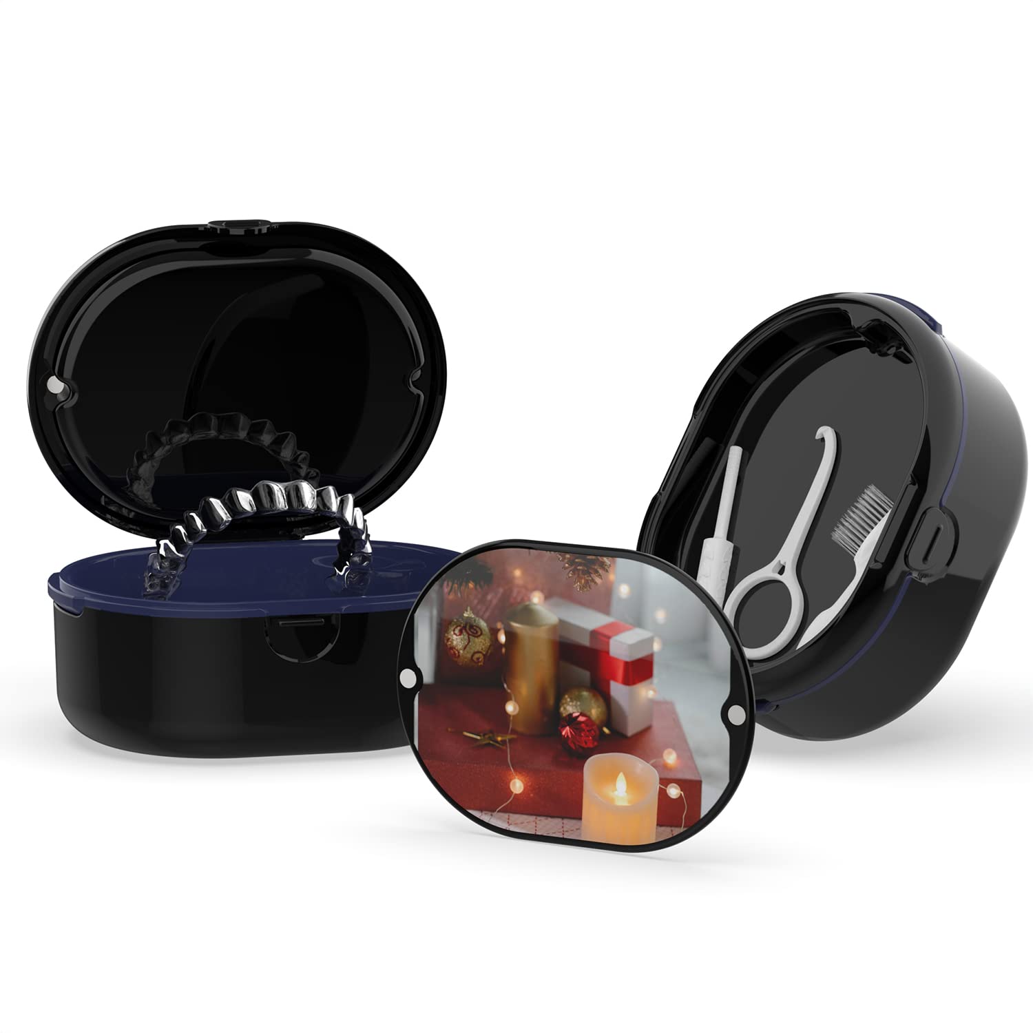Denture Storage Case - Large Soak Container for Dentures, Retainers, Mouth Guards & Orthodontic Tools | BPA-Free Denture Bath Box with Mirror | Perfect for Nightly Soaking & Travel (Black)