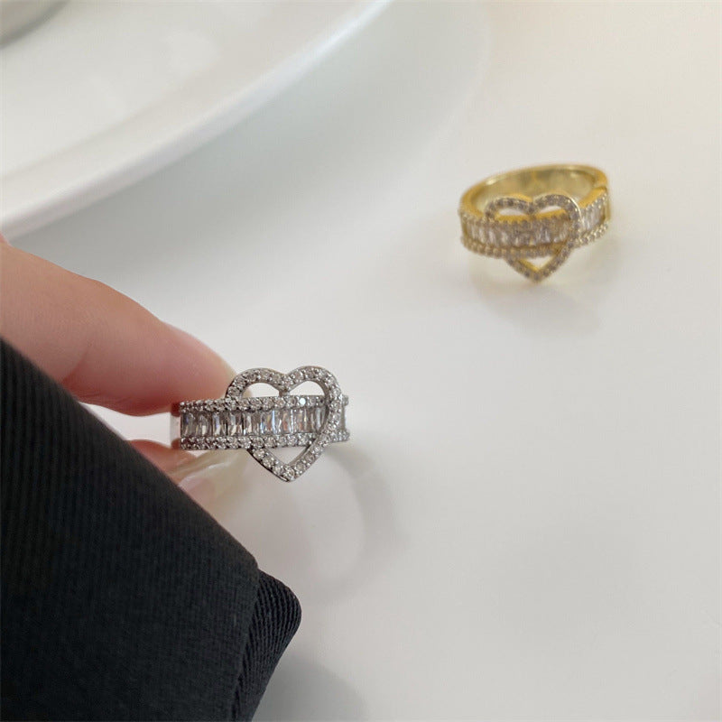 Wide Band Zircon Gold Heart Ring for Women | Elegant 925 Sterling Silver Jewelry Gift for Valentine's Day, Anniversary & Special Occasions | A8546