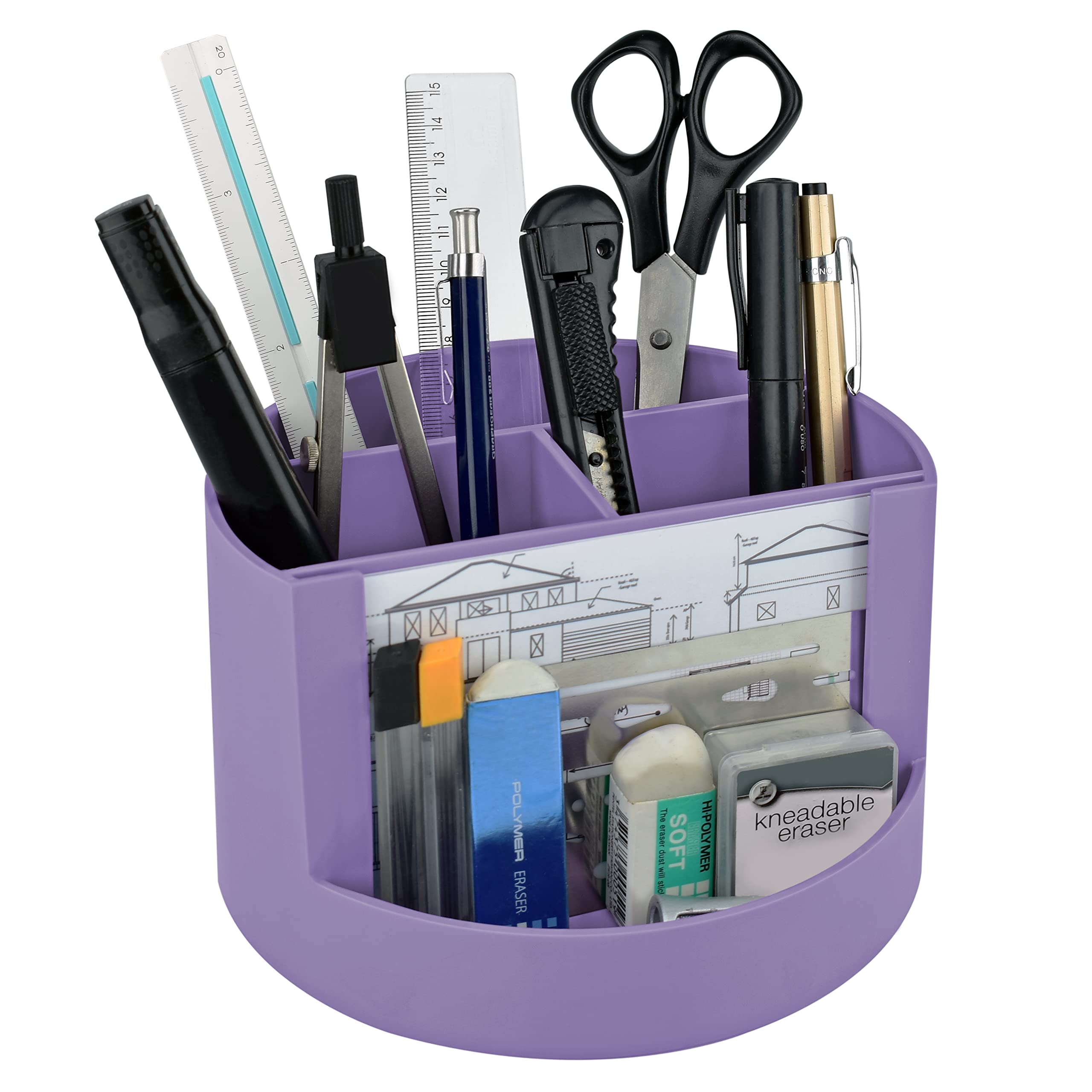 Acrimet Compact Desktop Organizer - 4 Spacious Slots Round Pencil Holder with Photo Slot | Office Supplies, Art & Vanity Storage | Home & Desk Organization (Solid Purple Plastic) | Perfect for Pens, Makeup Brushes, Stationery & Family Photos