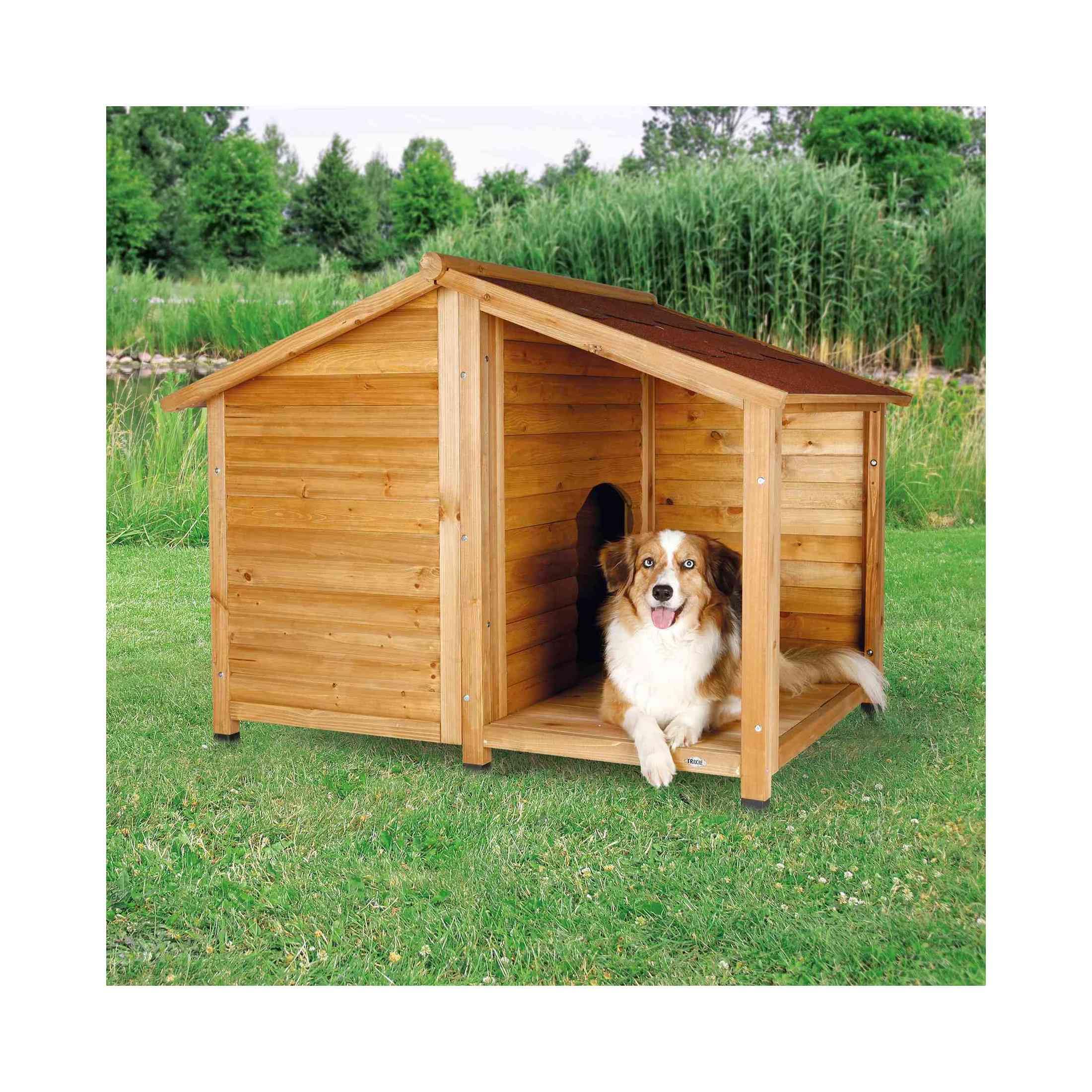 **TRIXIE Natura Lodge Outdoor Wooden Dog House for Large Dogs - Weatherproof, Hinged Roof & Adjustable Legs - 39.37 x 51.18 x 41.34 in - Perfect for Backyard, Patio & Garden Use**