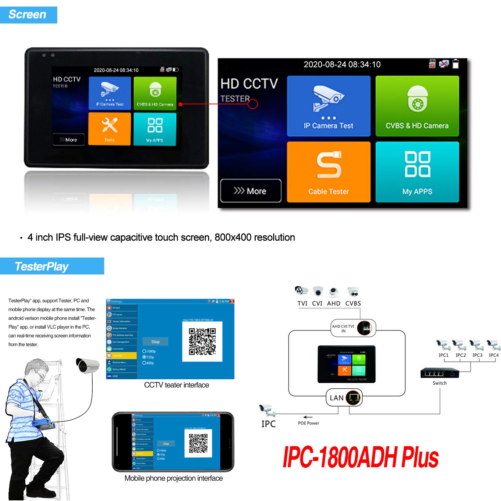 Rsrteng 4-inch IPS Touch Screen CCTV Camera Tester - Supports 12MP IP, 8MP TVI/CVI/AHD, CVBS & 4K Cameras with POE, PTZ, RS485 & TF Card Slot - Professional Tool for Security Camera Installation & Maintenance