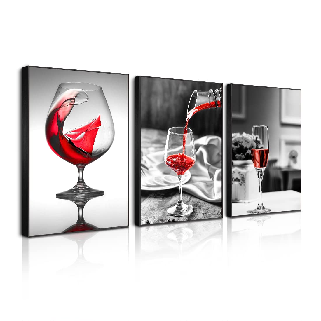 BOOMER 3-Piece Wine Theme Canvas Wall Art Set - Kitchen & Dining Room Decor with Wooden Frames - Perfect for Home Bar, Wine Cellar, and Restaurant Wall Decor