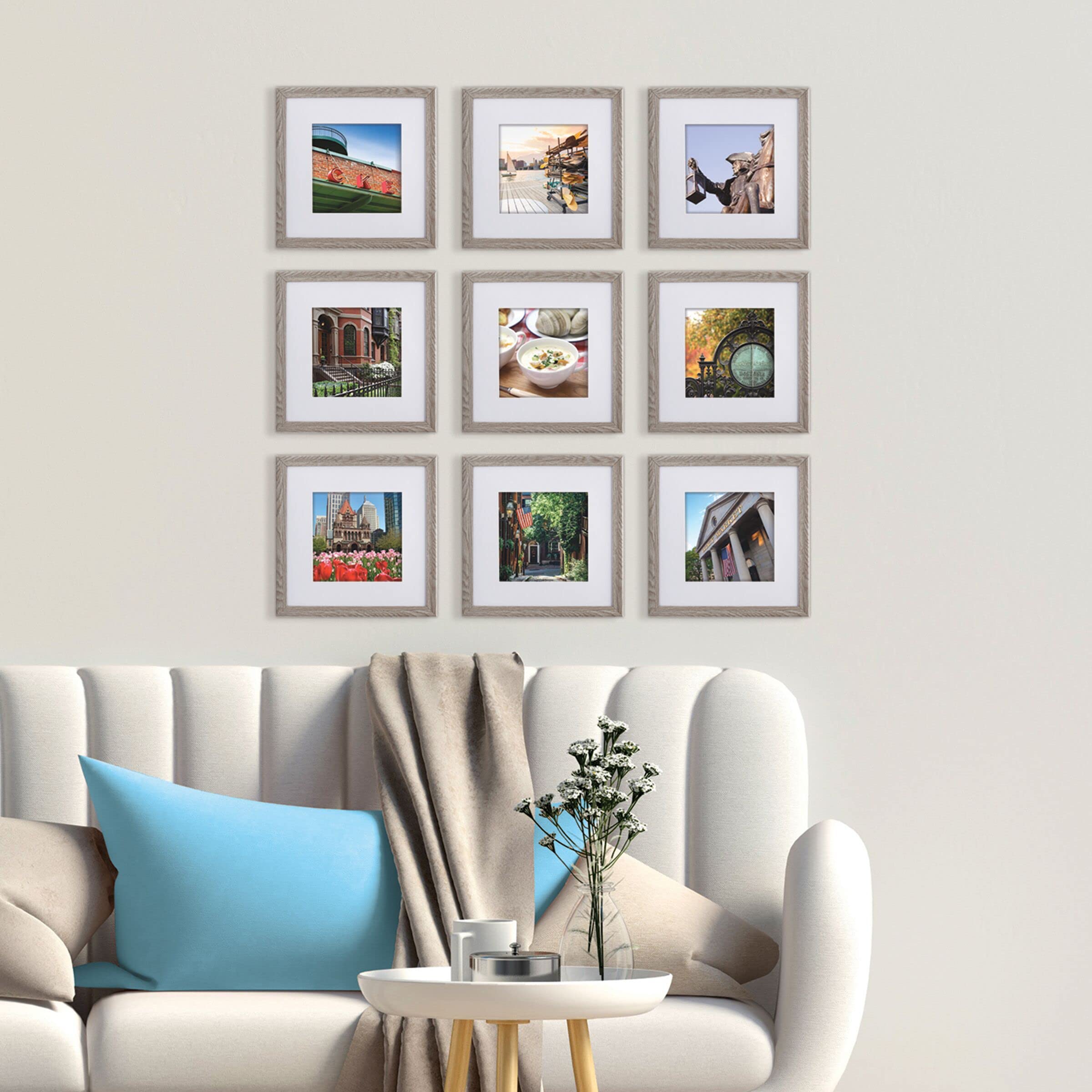 Melannco Set of 9 Gray Wood Photo Frames - 12.8 x 12.8 Inch - Holds 12x12 Photos Without Mat or 8x8 Photos With Mat - Perfect for Wall Gallery, Home Decor, and Picture Display