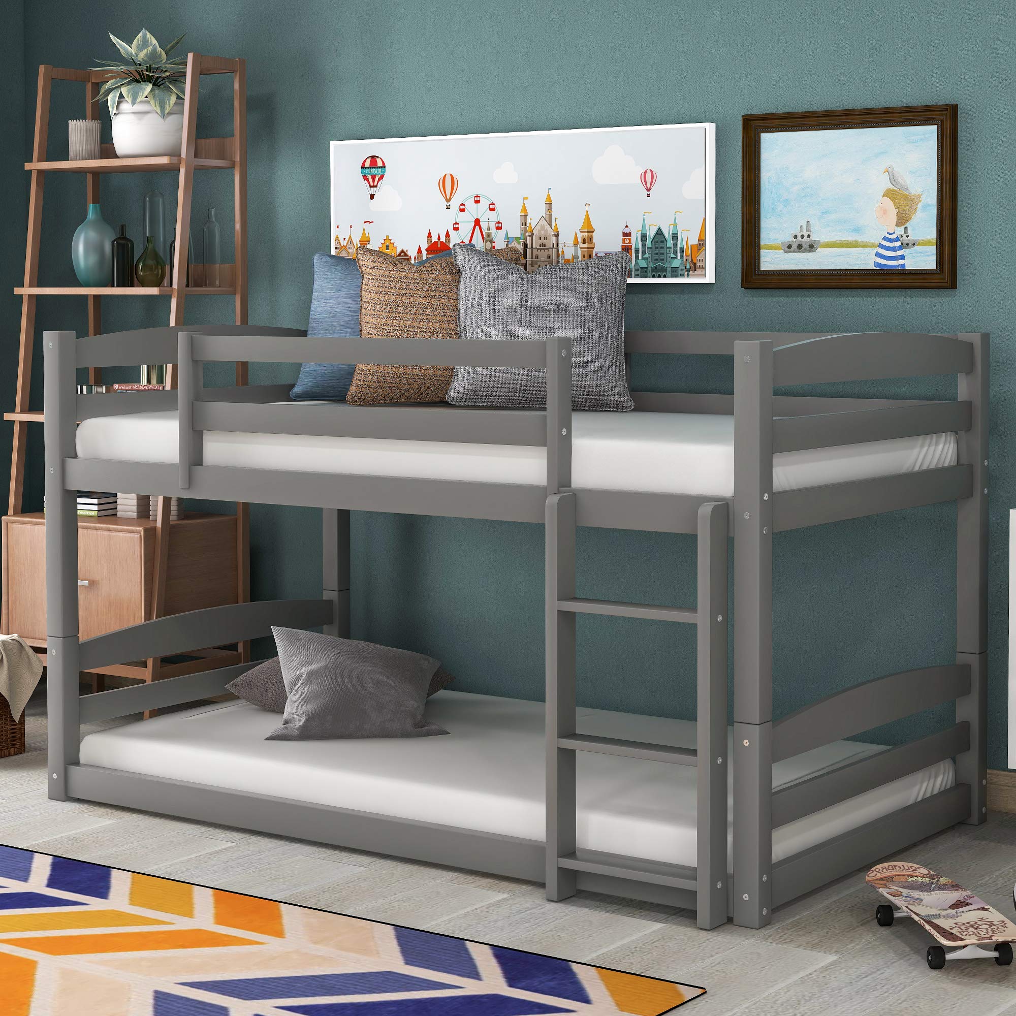 Kteam Twin Over Twin Bunk Bed with Separable Design - Solid Pine Wood Kids Bunk Bed Frame, Two Twin Size Beds (Grey) - Perfect for Shared Kids Rooms, Sleepovers & Space-Saving Bedroom Solutions