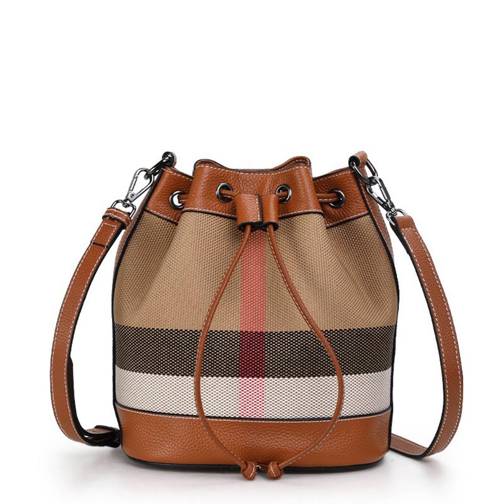 Genuine Leather Bucket Bag for Women - Plaid Cowhide Shoulder Crossbody Purse, Large Capacity Tote Bag for Commuting, Travel & Casual Everyday Use