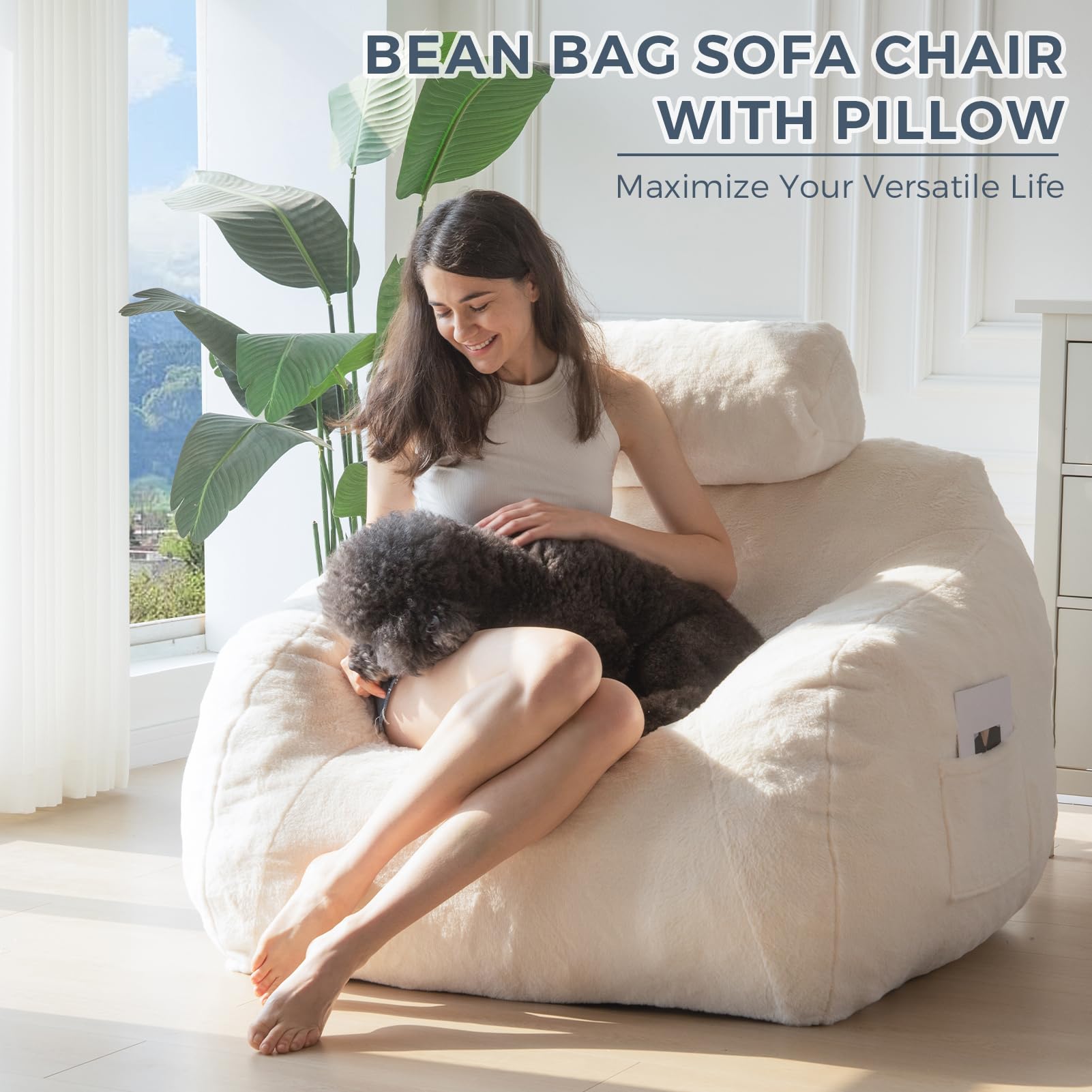 MAXYOYO Giant Bean Bag Chair with Pillow - Ultra Soft Faux Fur Fabric, Extra Large Fluffy Lounger for Adults & Teens - Perfect for Reading, Gaming & Relaxing in Bedroom, Living Room or Dorm - Beige