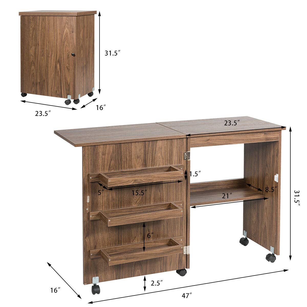 HPW Brown Foldable Sewing & Computer Desk with 3 Storage Bins & Extra Shelf | Modern Space-Saving Design 47x16x31.5 Inches | Perfect for Home Office, Craft Room & Small Spaces