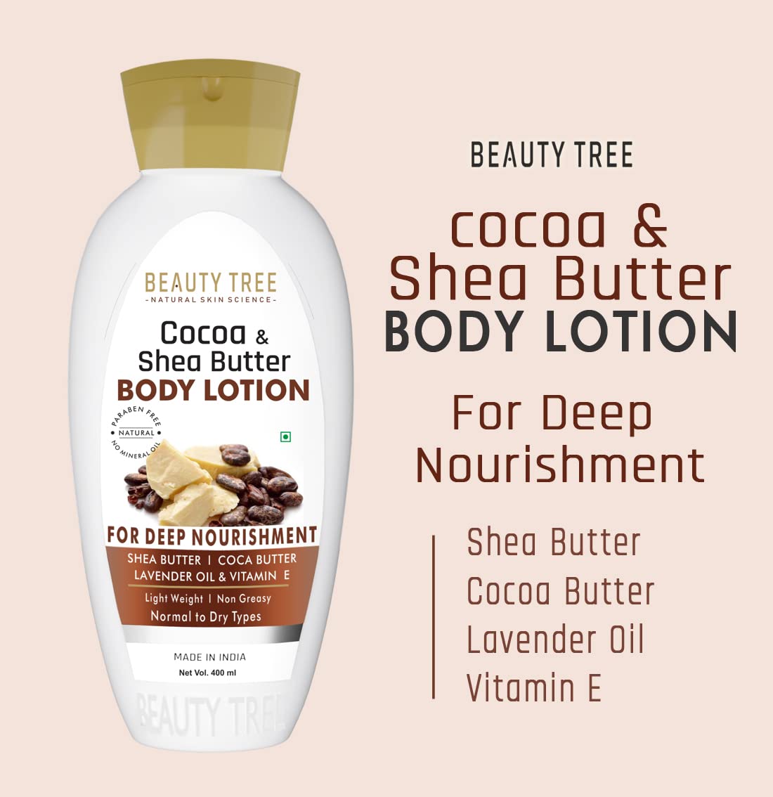 BEAUTY TREE Cocoa & Shea Butter Body Lotion - Deep Moisturizing for Dry Skin with Shea Butter, Cocoa Butter, Lavender Essential Oil & Vitamin E - 400ml - Perfect for Daily Hydration & Relaxing Massage at Home or Spa