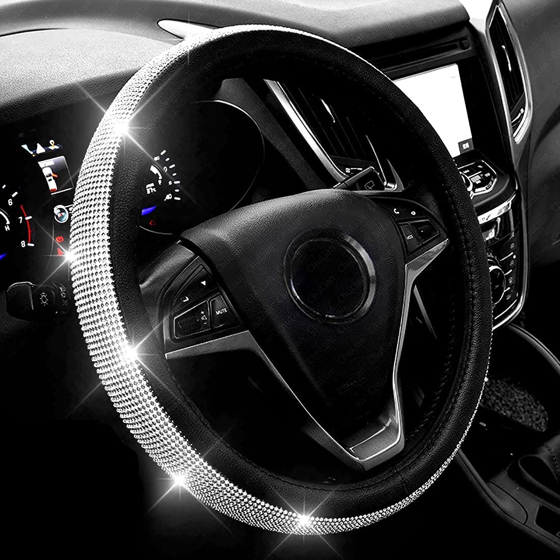 Universal Bling Leather Steering Wheel Cover for Women - Car Wheel Protector Accessory Fits Cars, Trucks & SUVs (White) | Enhance Grip & Style for Safe & Comfortable Driving