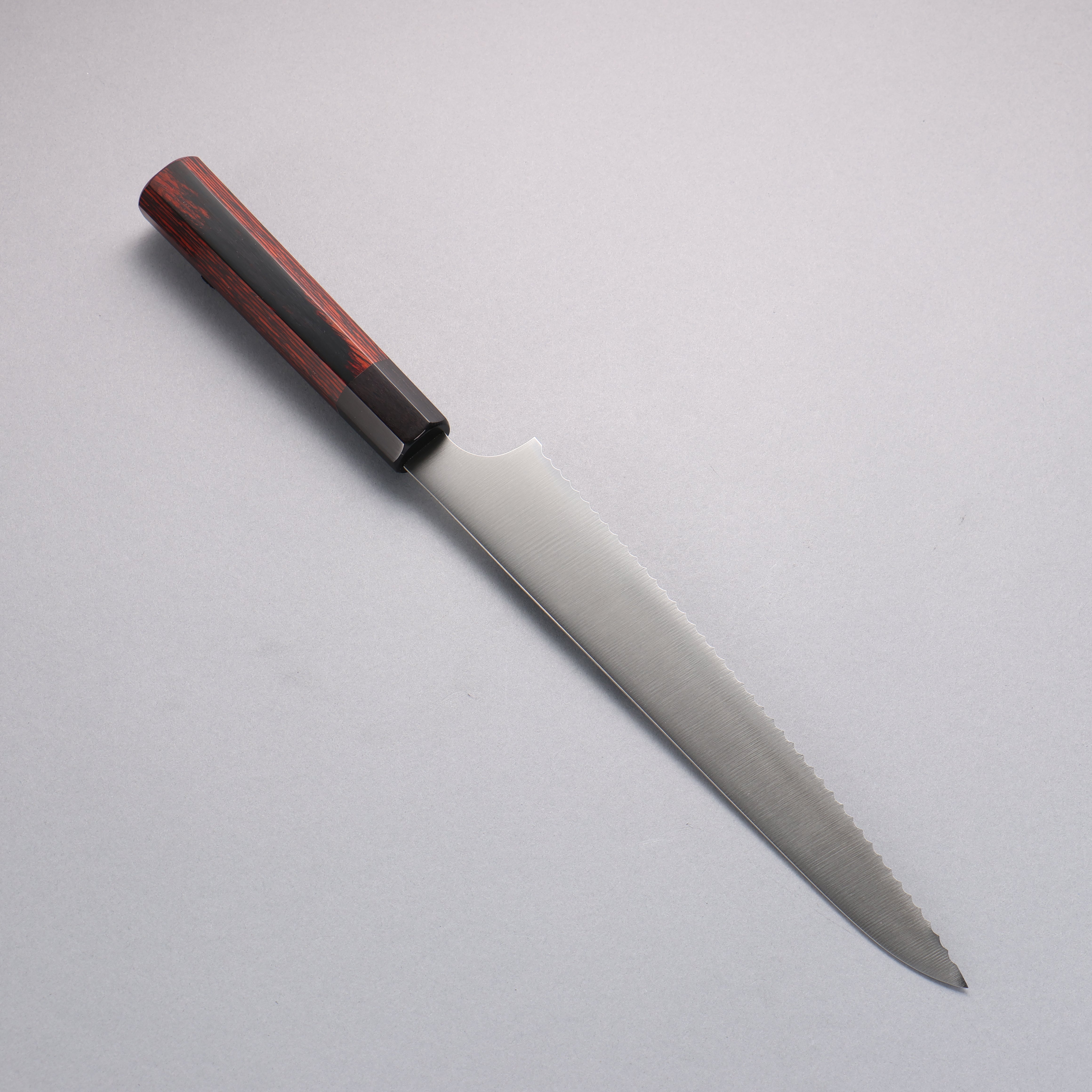 Seisuke 240mm Stainless Steel Bread Knife with Red Pakka Wood Handle - Perfect for Slicing Bread, Cake, and Pastries at Home or Bakery