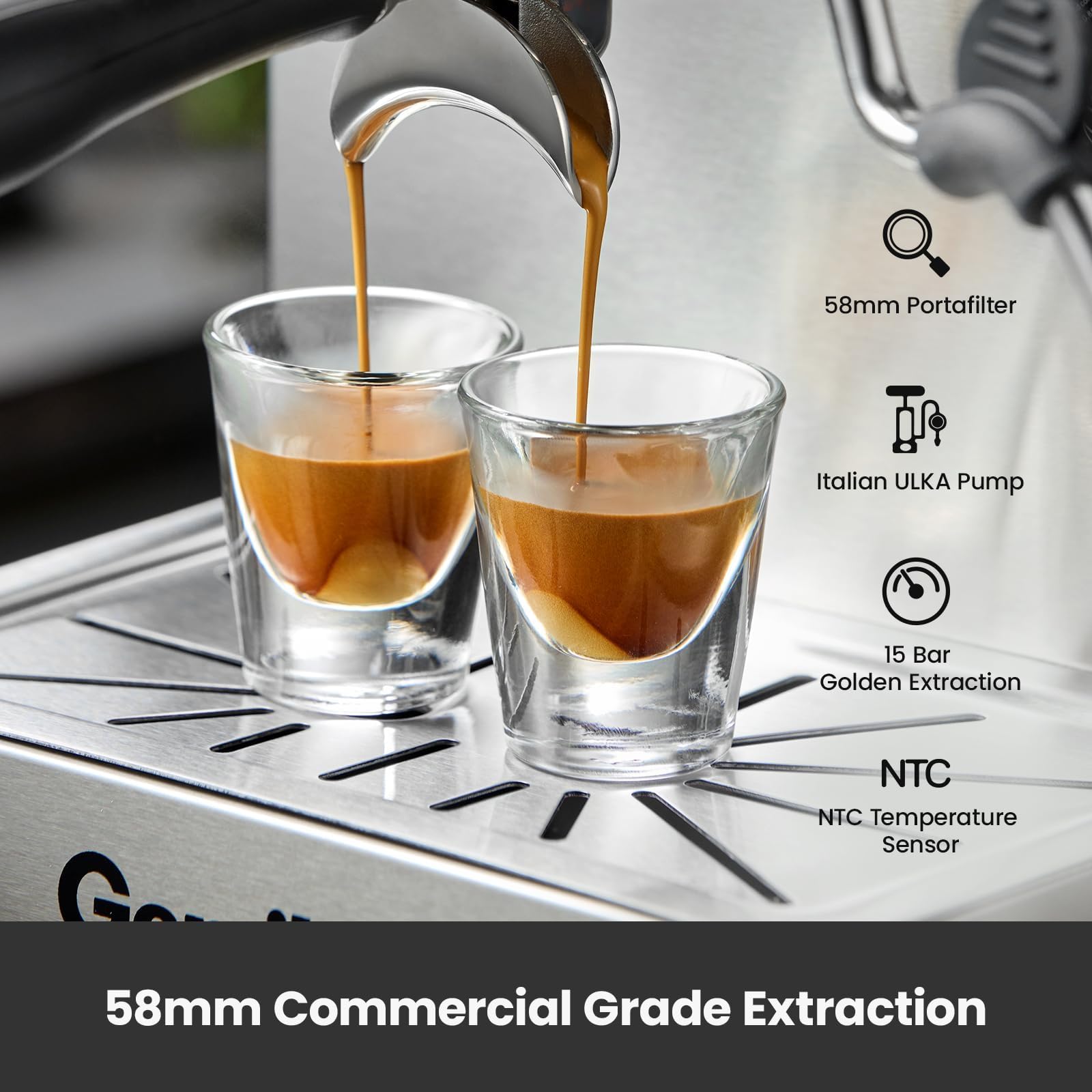 Professional Espresso Machine with Milk Frother Steam Wand - 1500W Fast Heating, 57OZ Water Tank for Latte, Macchiato & Cappuccino - Brushed Stainless Steel - Perfect for Home Baristas & Coffee Shops