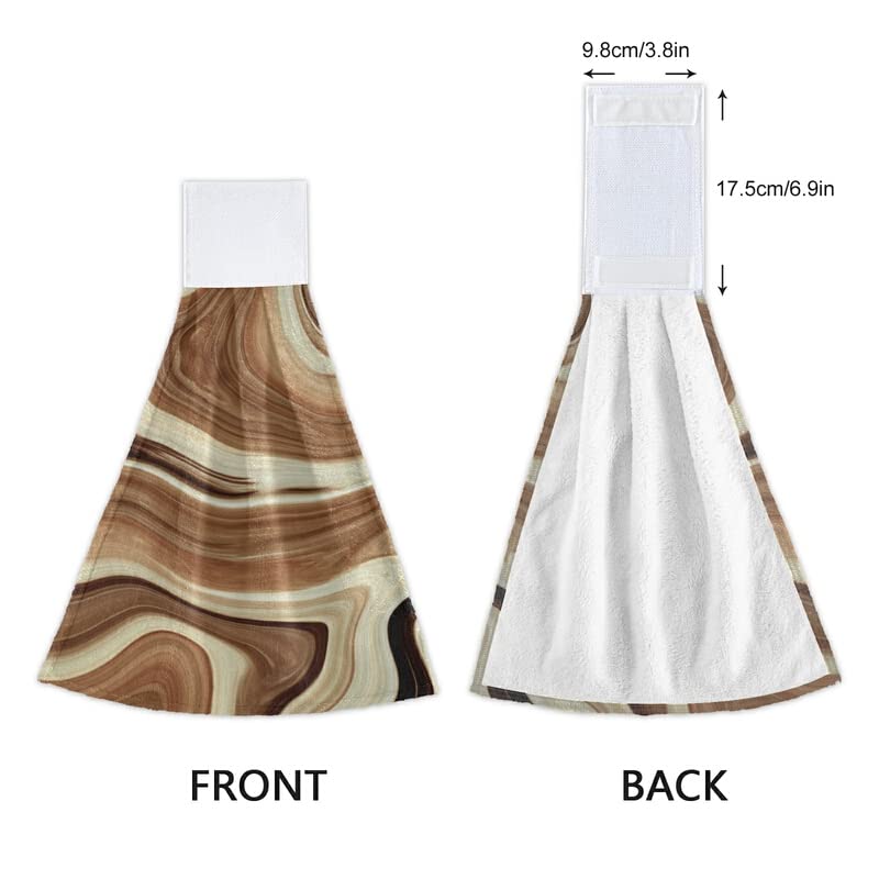 Brown Marble Texture Kitchen Towels with Hanging Loops - 2 Pack Absorbent Coral Velvet Hand Towels for Kitchen & Bathroom | Soft Dish Towel Set for Cooking, Cleaning & Decor