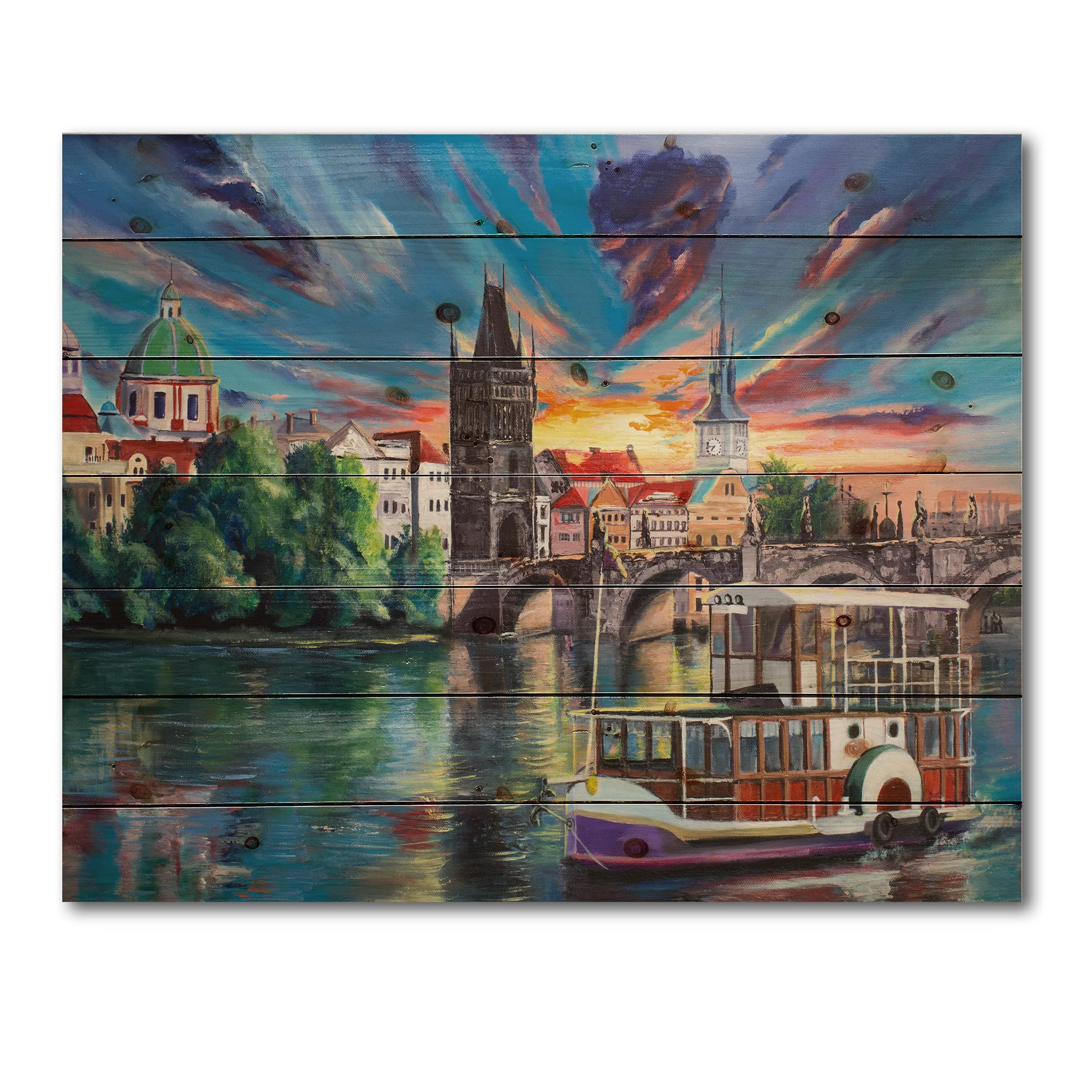 DesignQ Cityview of Prague Sunset Children's Art Wood Wall Decor - Large Green Fantasy Wood Wall Panels Printed on Natural Pine - Perfect for Nursery, Kids Room & Bohemian Home Decor