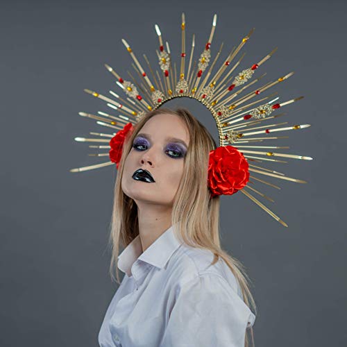 Red Rose Flower Crown with Spiked Crystals - Gothic Wedding Headpiece & Halloween Headband for Brides, Cosplay, and Festival Accessories