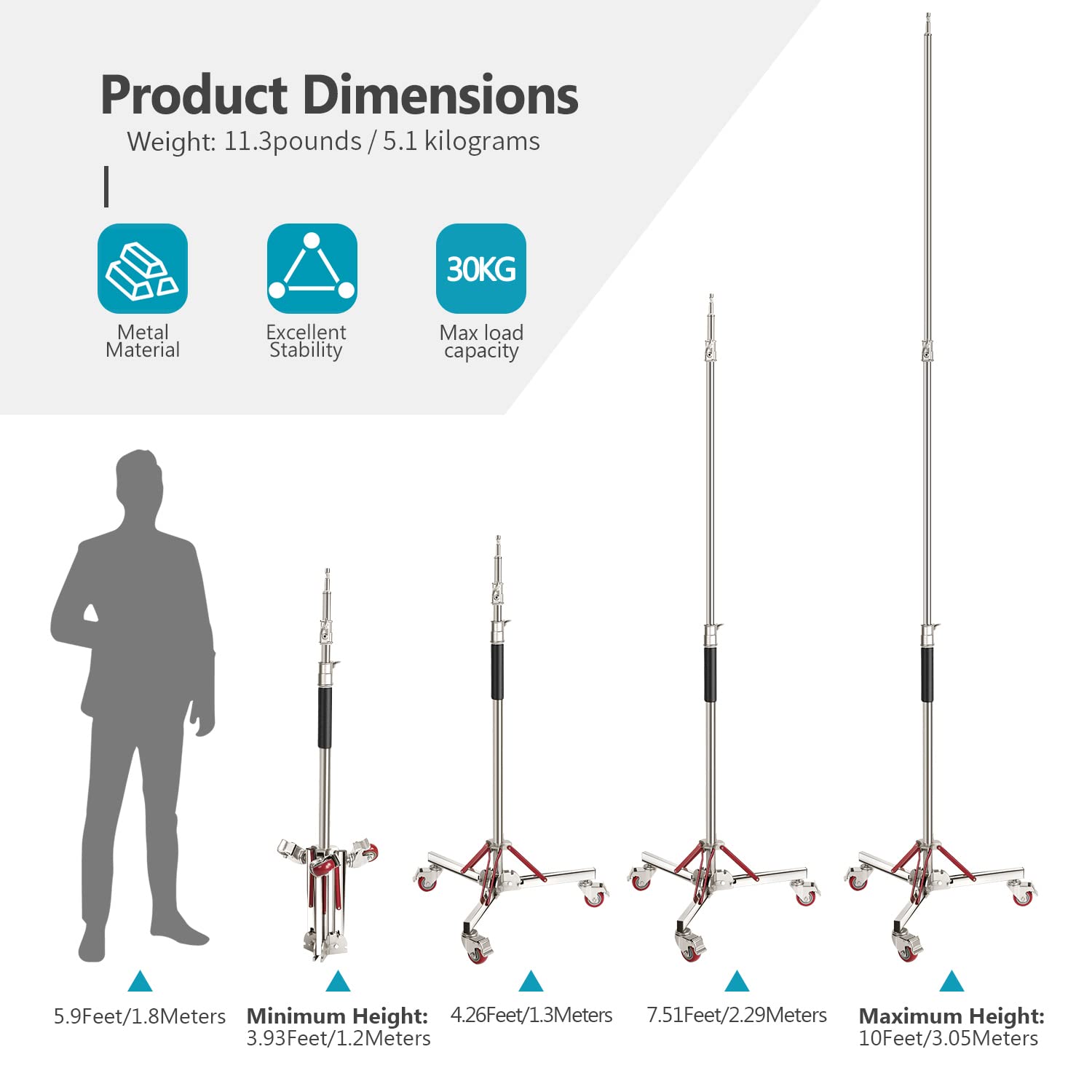 Neewer Heavy Duty Adjustable Light Stand with Wheels - 10ft/305cm Stainless Steel Photography Tripod for Studio Softbox, Monolight, Reflector - Perfect for Photography Studios, Video Production & Live Streaming
