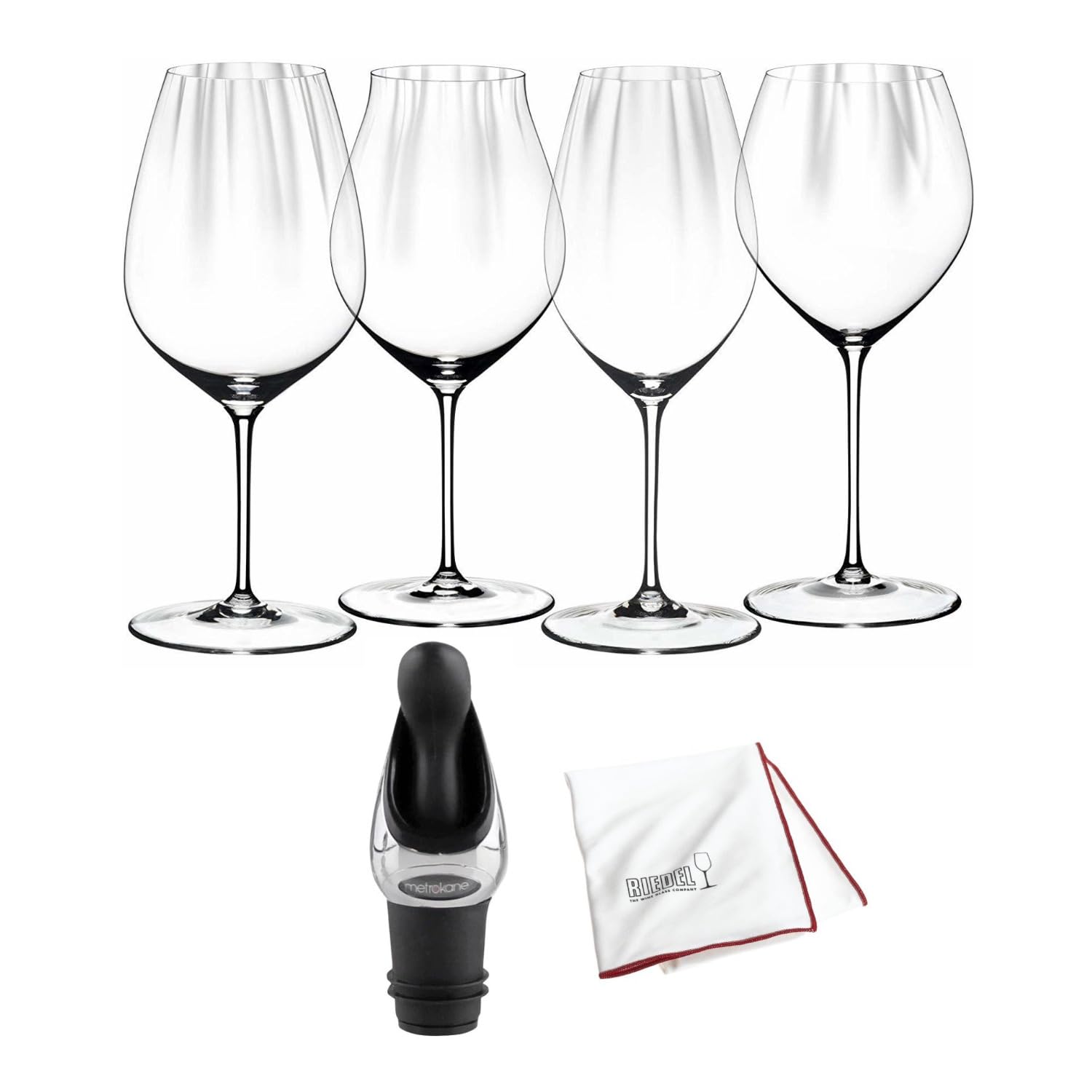 Premium Riedel Performance Wine Glasses Set - 4-Pack Crystal Clear Stemware with Microfiber Polishing Cloth & Wine Pourer Stopper - Perfect for Red Wine, White Wine Tasting & Elegant Dinner Parties