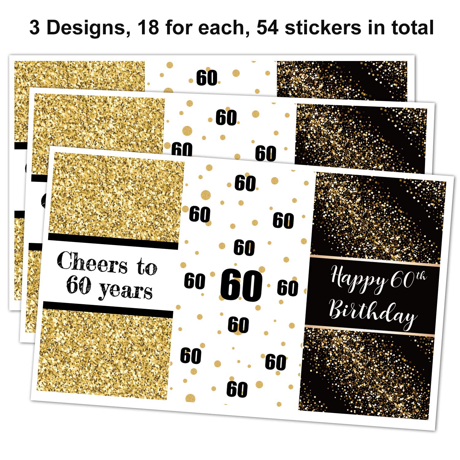 Black & Gold 60th Birthday Party Mini Candy Bar Wrapper Stickers - Elegant 60th Birthday Party Favors - Pack of 54 - Perfect for Candy Wraps, Gift Decorations & Anniversary Celebrations