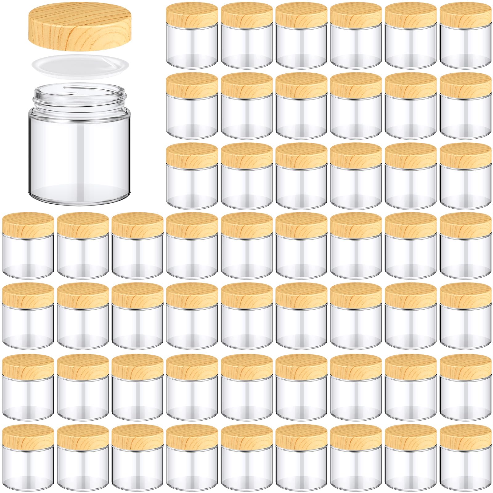 48 Pcs 4 oz Glass Jars with Woodgrain Lids - Small Empty Cosmetic Containers with Inner Liners, Reusable Airtight Round Bottles for DIY Beauty, Skincare, Travel & Home Organization