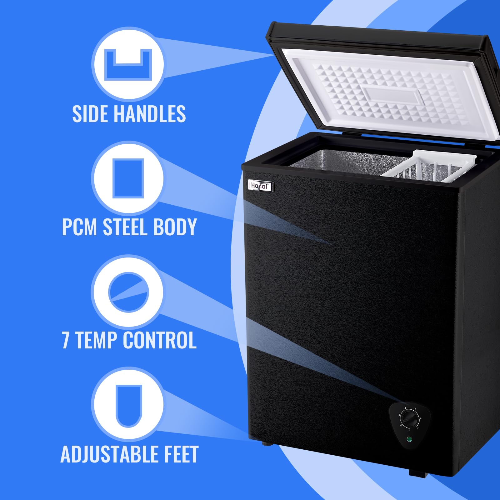 WANAI 3.5 Cu Ft Compact Chest Freezer - Black, Energy Efficient Deep Freezer with Storage Basket, 7 Temperature Settings, Top Open Door Design - Perfect for Home, Garage, Apartment, Kitchen, Office & Small Spaces