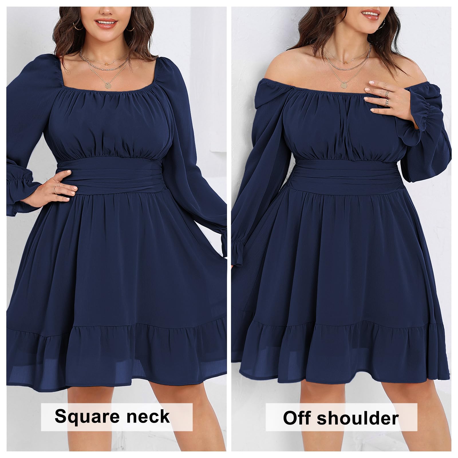 Byinns Women's 2025 Plus Size Tie Back Square Neck Mini Dress with Long Lantern Sleeves & Elastic Waist - Perfect for Wedding Guest, Cocktail Party, Date Night and Special Occasions