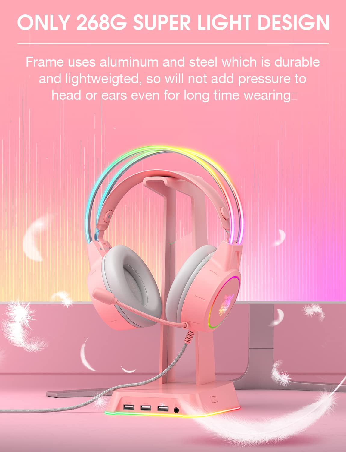 Best Gaming Headset with Microphone - Lightweight 3.5mm RGB Headphones with Aluminum Frame, 7.1 Surround Sound for PS4, PS5, Xbox One, PC & Mobile (Pink) - Perfect for Competitive Gaming & Streaming