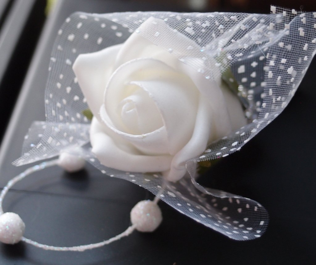 Angel Isabella Boutonniere - Elegant White Foam Rose with Lace & Brooch Accent, Black Ribbon Detail for Weddings, Prom, Bridal Bouquets & Special Occasions