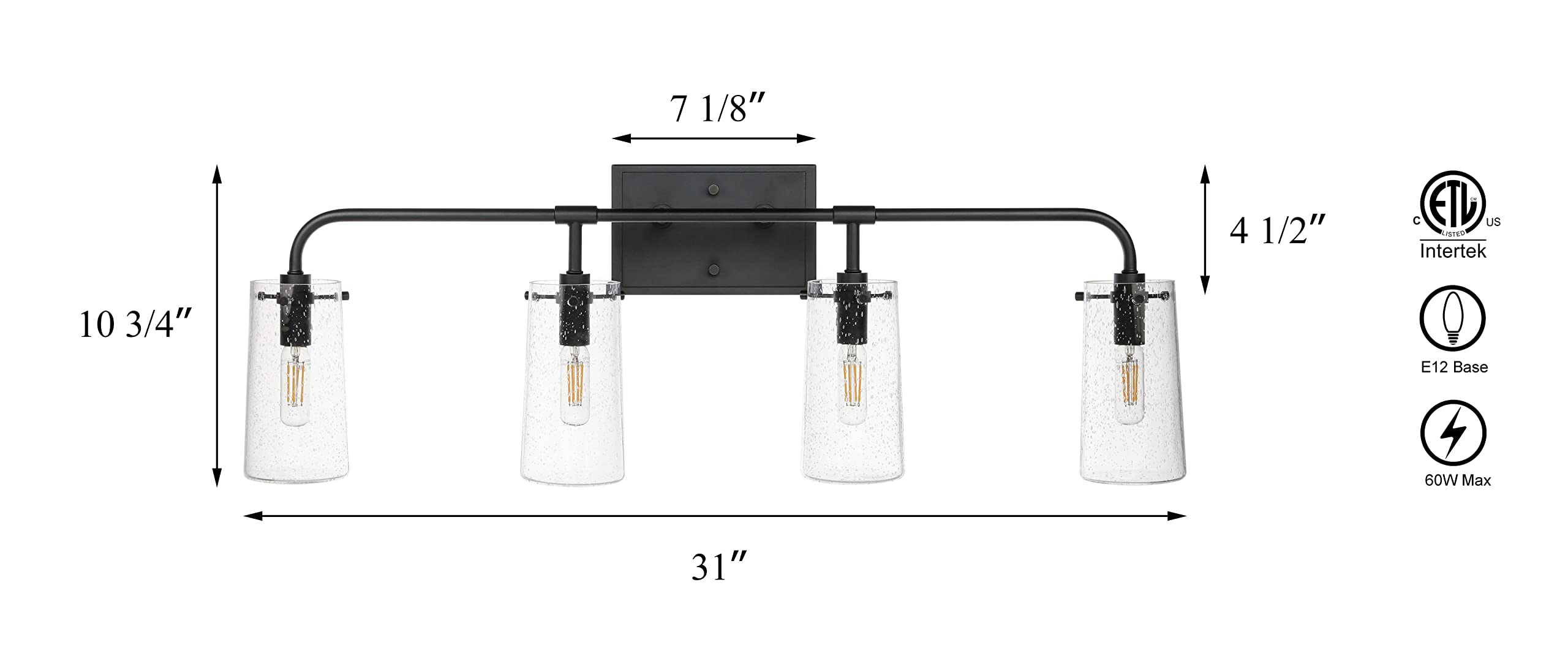 XiNBEi Industrial 4-Light Bathroom Vanity Light Fixture - Black Wall Mounted Mirror Lighting with Clear Seeded Glass Shade (Model XB-W1283-4-MB) - Perfect for Modern Farmhouse, Industrial Style Bathrooms and Powder Rooms