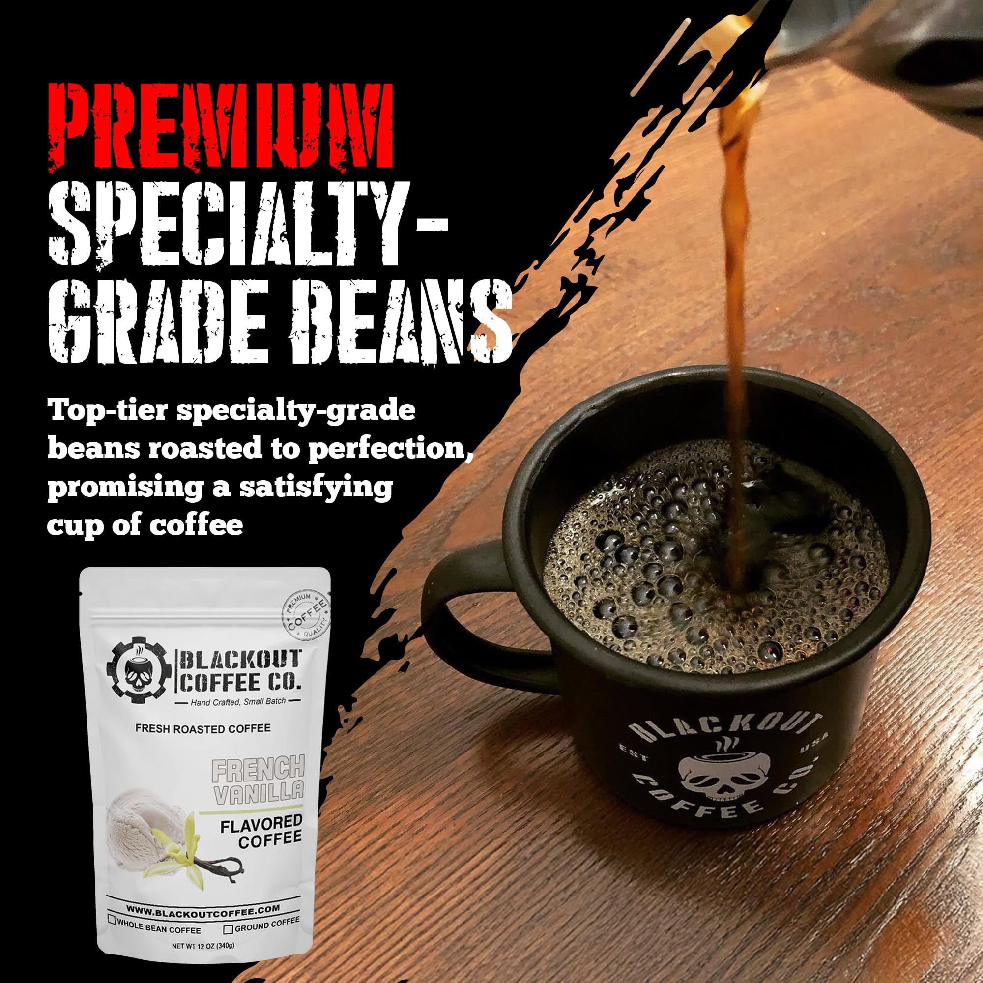 Premium Blackout Coffee French Vanilla Flavored Ground Coffee - Fresh Roasted in USA, 12 oz Pouch - Perfect for Morning Brew, Office Break & Cozy Evenings