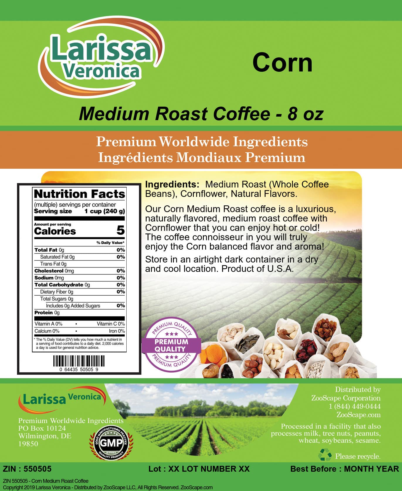 Premium Medium Roast Corn Coffee Beans - Gourmet, Naturally Flavored Whole Bean Coffee (8 oz) for Home Brewing, Office & Gifts - ZIN: 550505