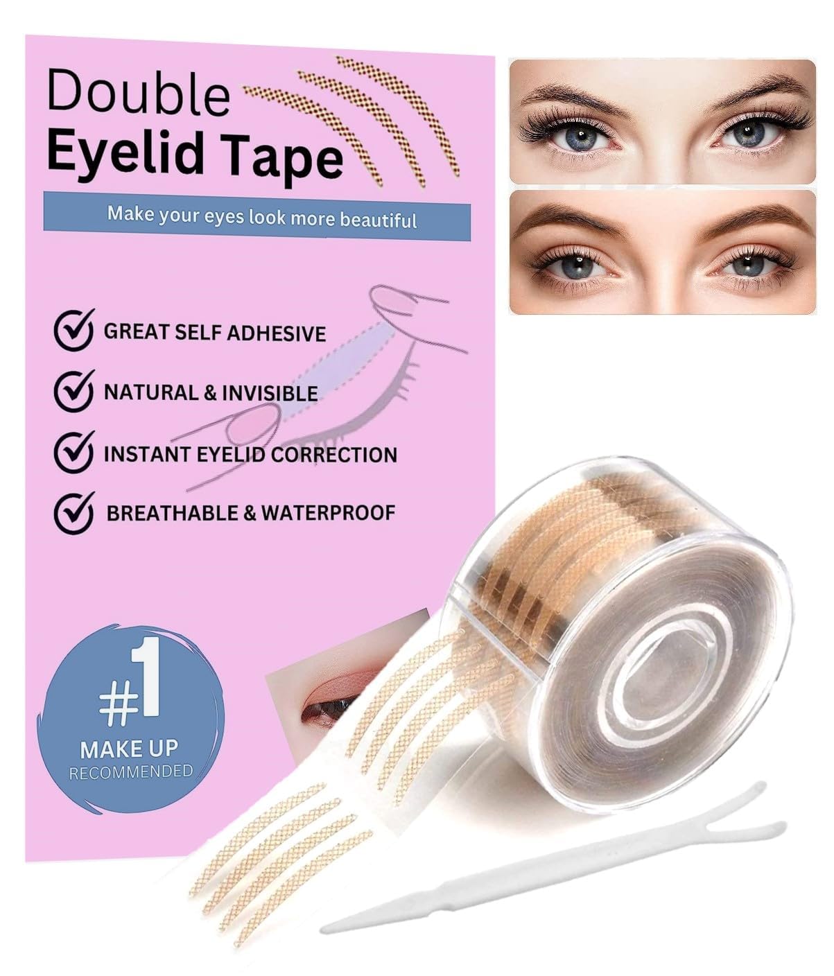 BONDWET 600 Pairs Invisible Waterproof Eyelid Tape for Double Eyelid & Hooded Eyes - Makeup Sticker Strips with Fork Tool for Natural Eye Enhancement | Perfect for Daily Makeup, Cosplay & Photography