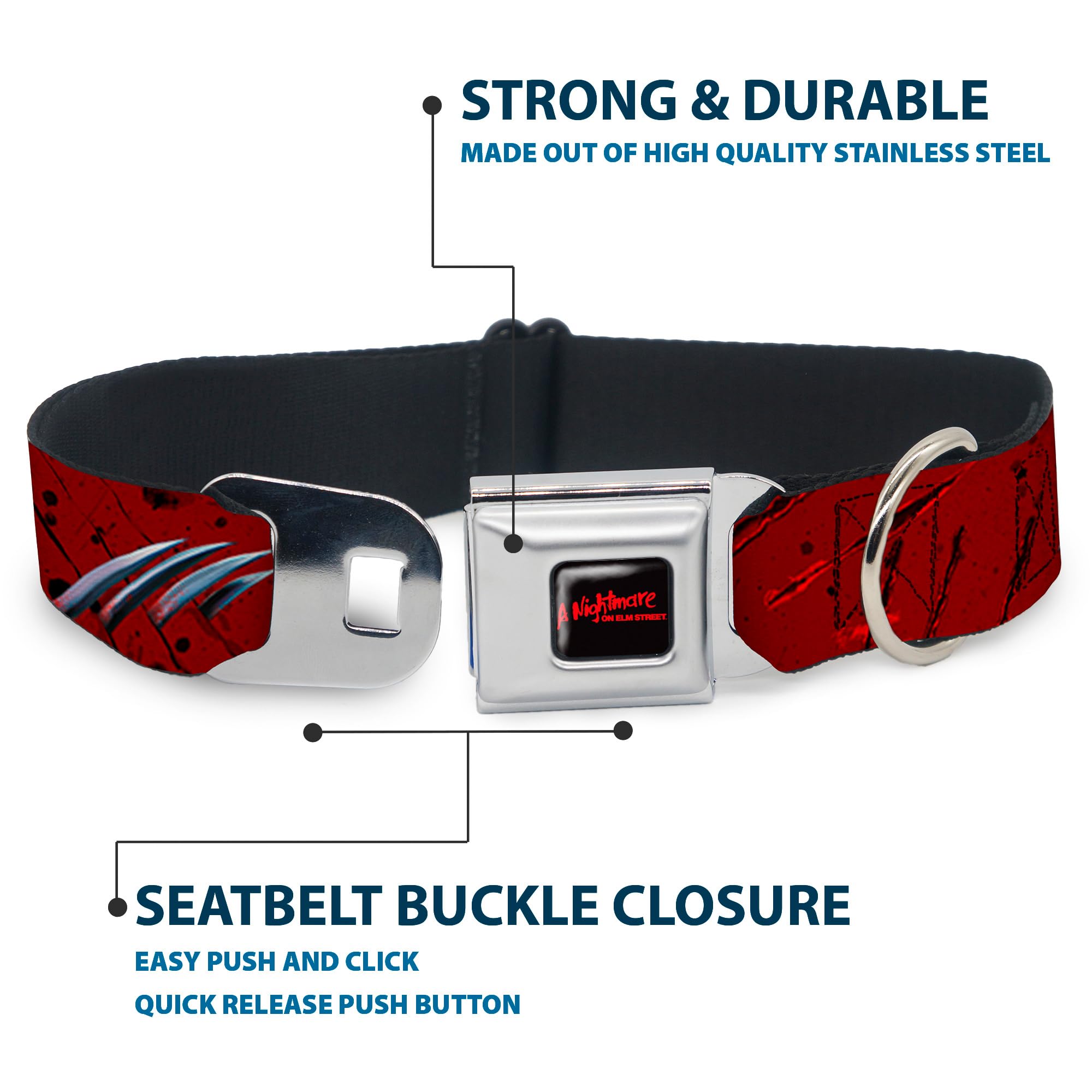 Freddy Krueger Nightmare on Elm Street Dog Collar - 13-18 Inch Adjustable, 1.5 Inch Wide Pet Seatbelt with Scary Hand Design - Perfect for Halloween Costumes, Cosplay & Horror Movie Fans