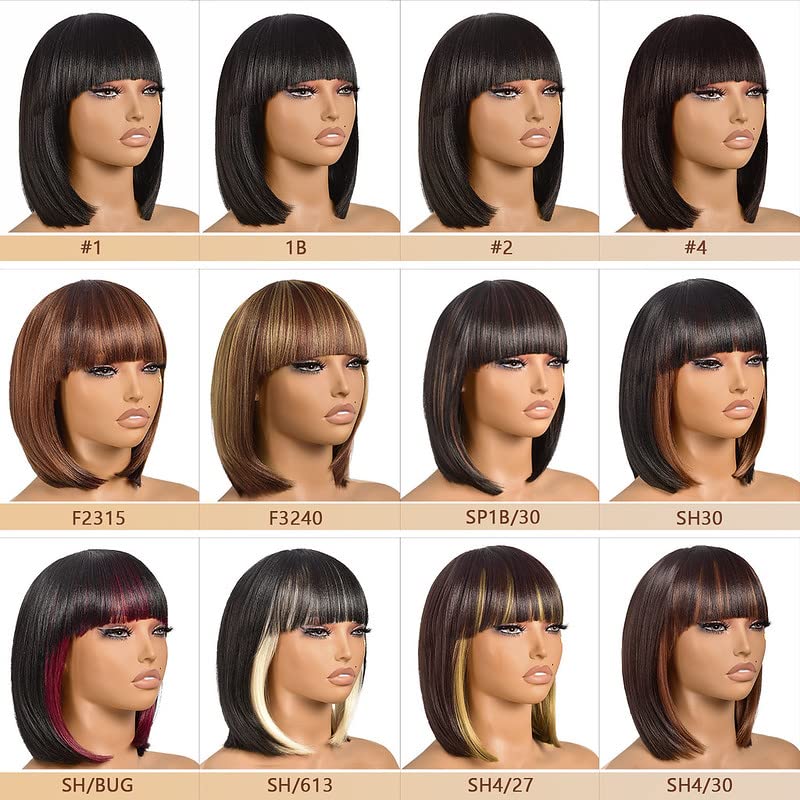 ToyoTress 12 Inch Short Bob Wig with Bangs - Peek-a-boo Black Mix Brown Synthetic Heat Resistant Wig for Black Women | Light Yaki Straight Hair | Daily Wear & Costume Use (SH30-612H)