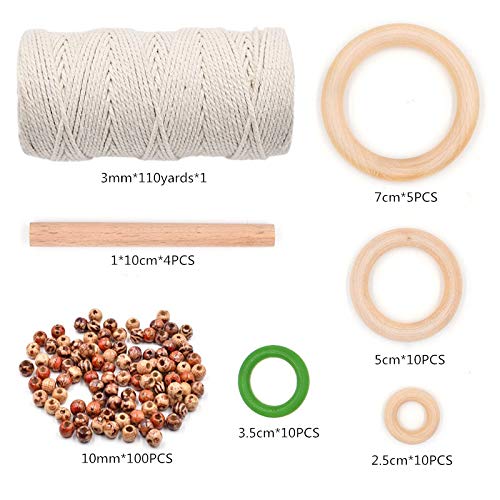 3mm 110Yards Natural Macrame Cotton Cord with Wooden Beads, Rings & Sticks - DIY Knitting Crafts, Wall Hanging, Plant Hangers, Home Decor - Perfect for Handmade Jewelry, Boho Home Decor & Gift Making