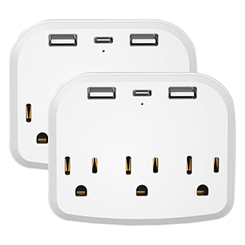 2 Pack Multi Plug Outlet Extender with USB & USB-C Charging Ports - 3 AC Outlets Surge Protector Power Strip for Home, Office, Dorm - Charge Phones, Laptops, Tablets & Small Appliances Safely